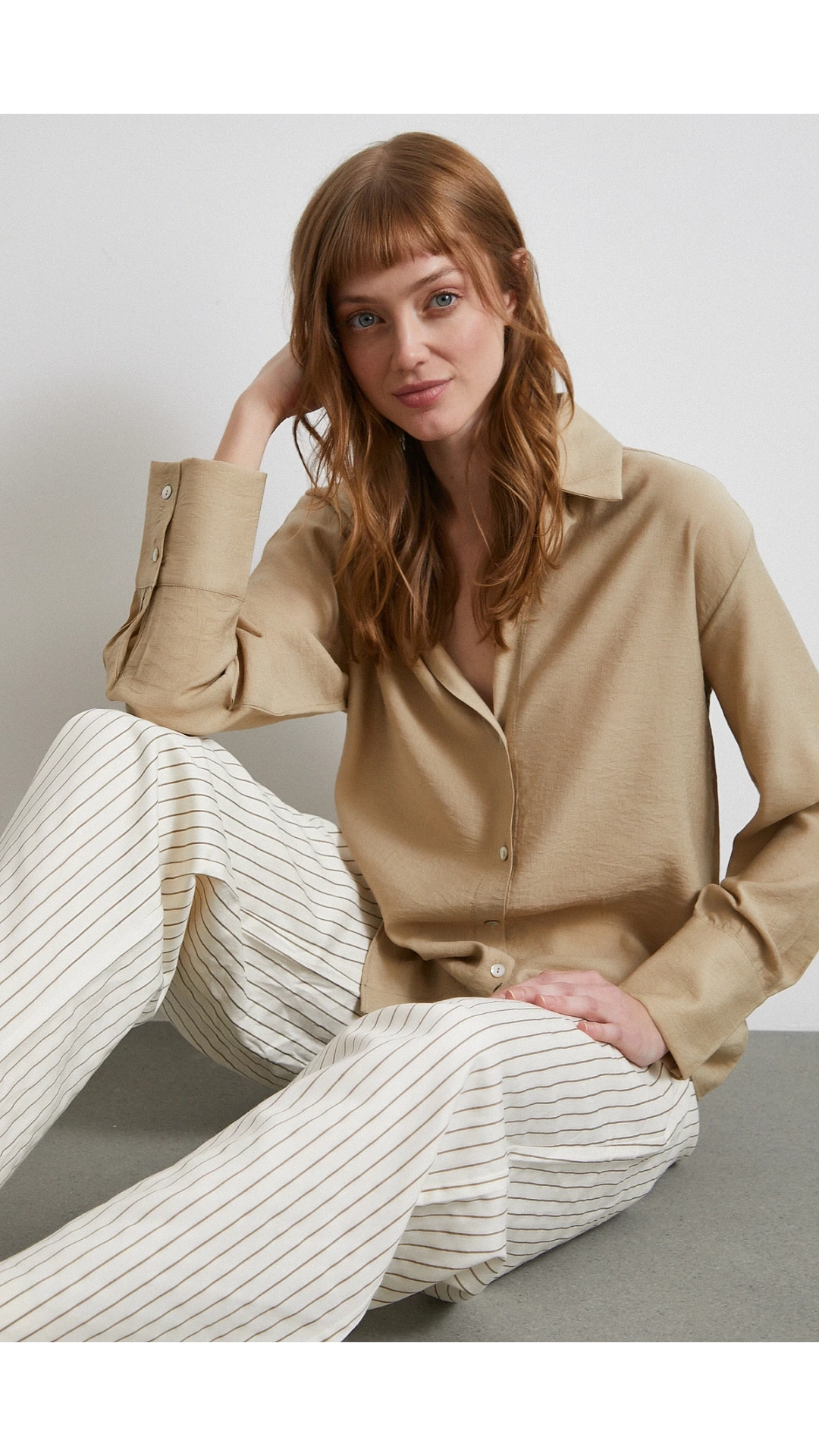 Kraşlı Saten Gömlek Bej