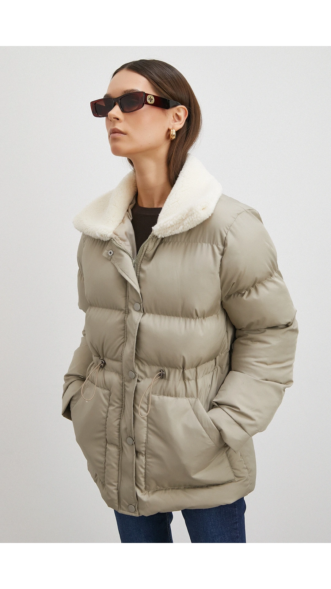 Kürk Yakalı Şişme Mont Bej