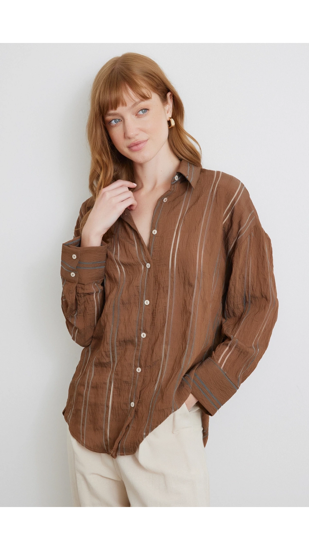 Organze Çizgili Gömlek Kahve