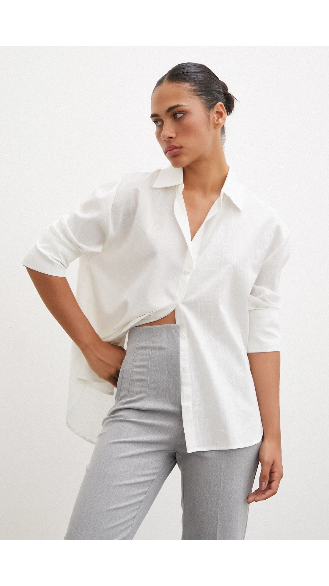 Geniş Manşetli Keten Gömlek Ekru