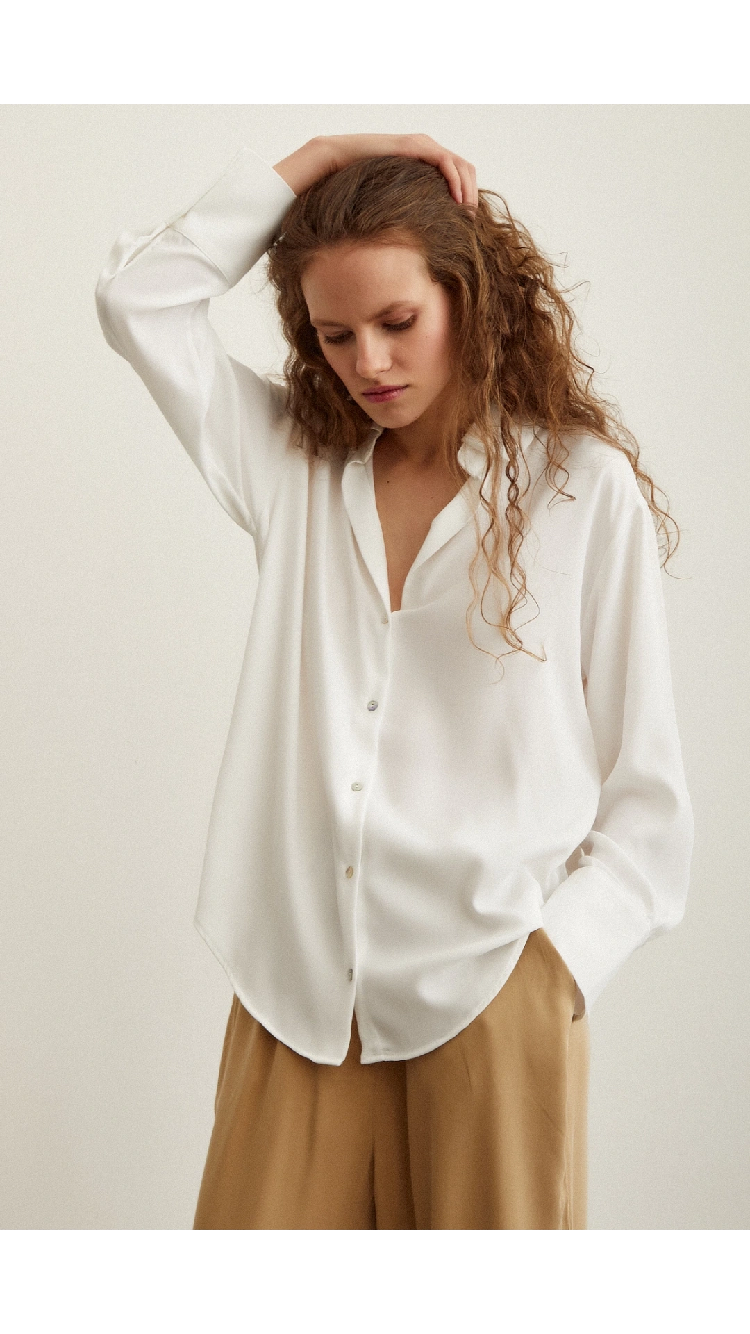 Likralı Saten Gömlek Ekru