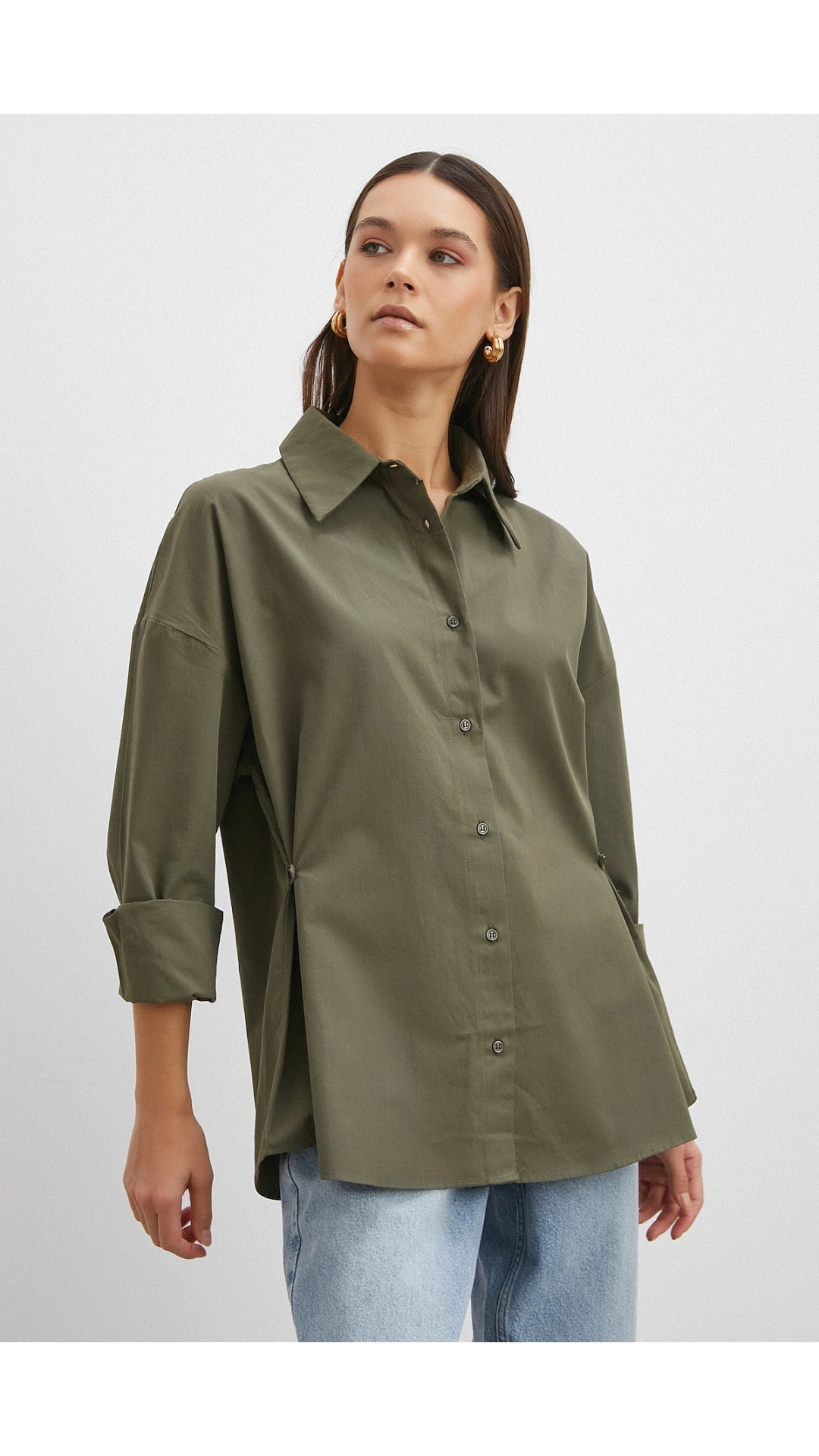 Düğme Detaylı Pamuklu Gömlek Haki