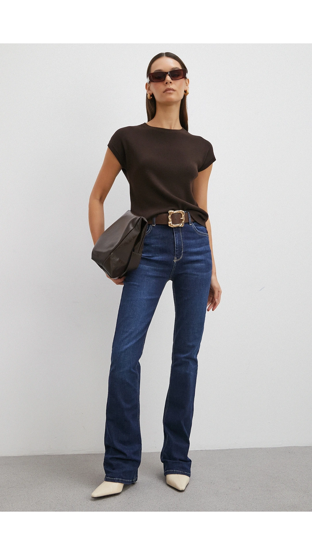 Yüksek Bel Likralı İspanyol Paça Jean Lacivert