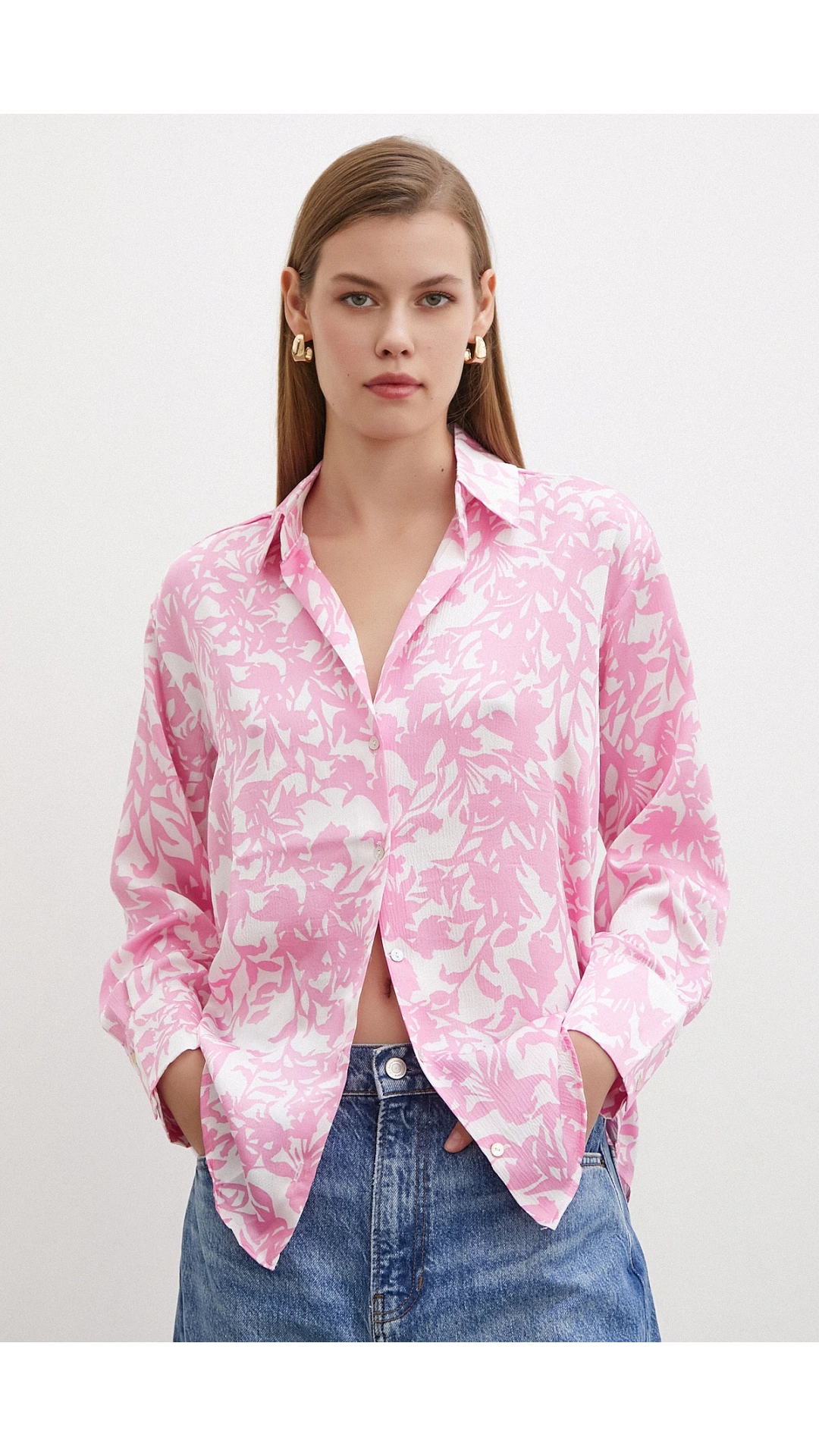 Desenli Gofret Saten Gömlek Pembe