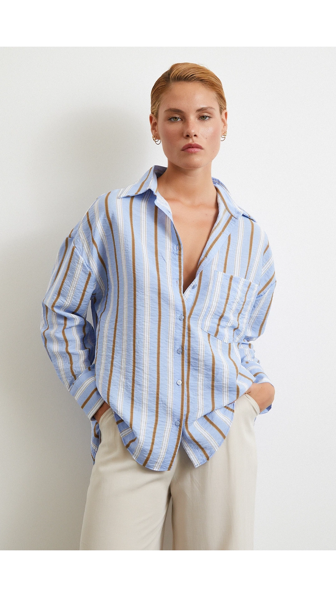 Kahve Çizgili Gömlek Mavi