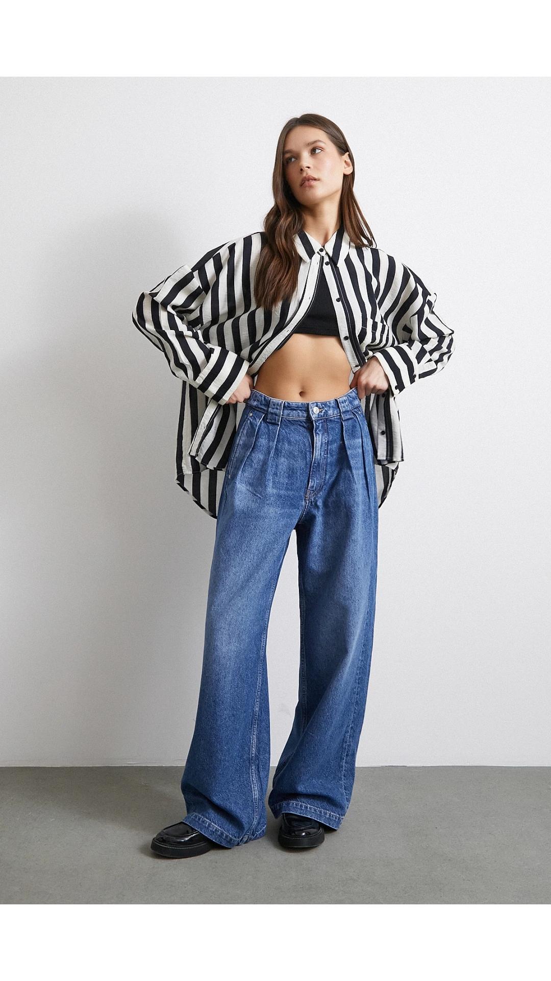 Yüksek Bel Pileli Geniş Paça Jean Mavi