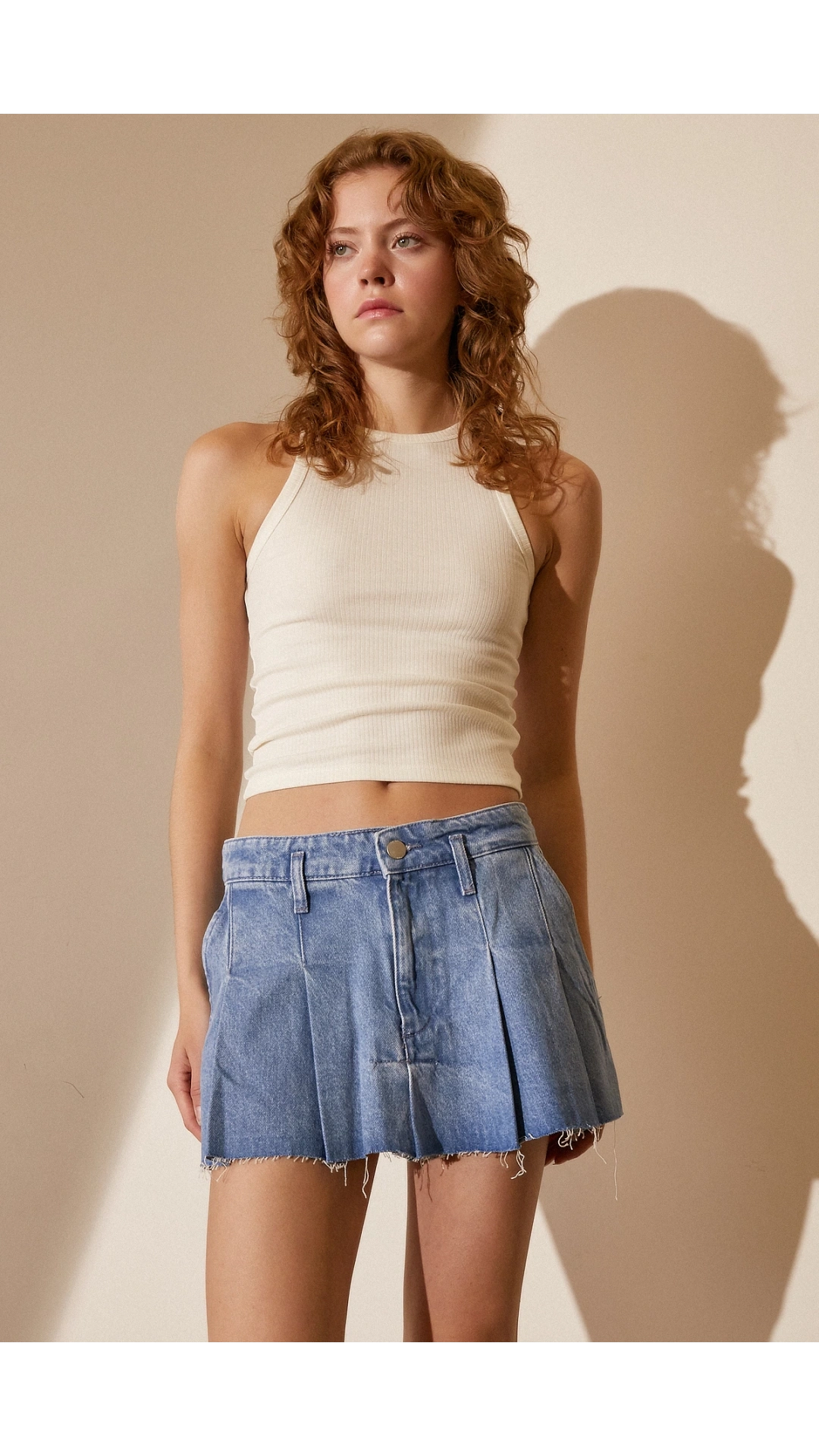 Pileli Jean Mini Etek Mavi