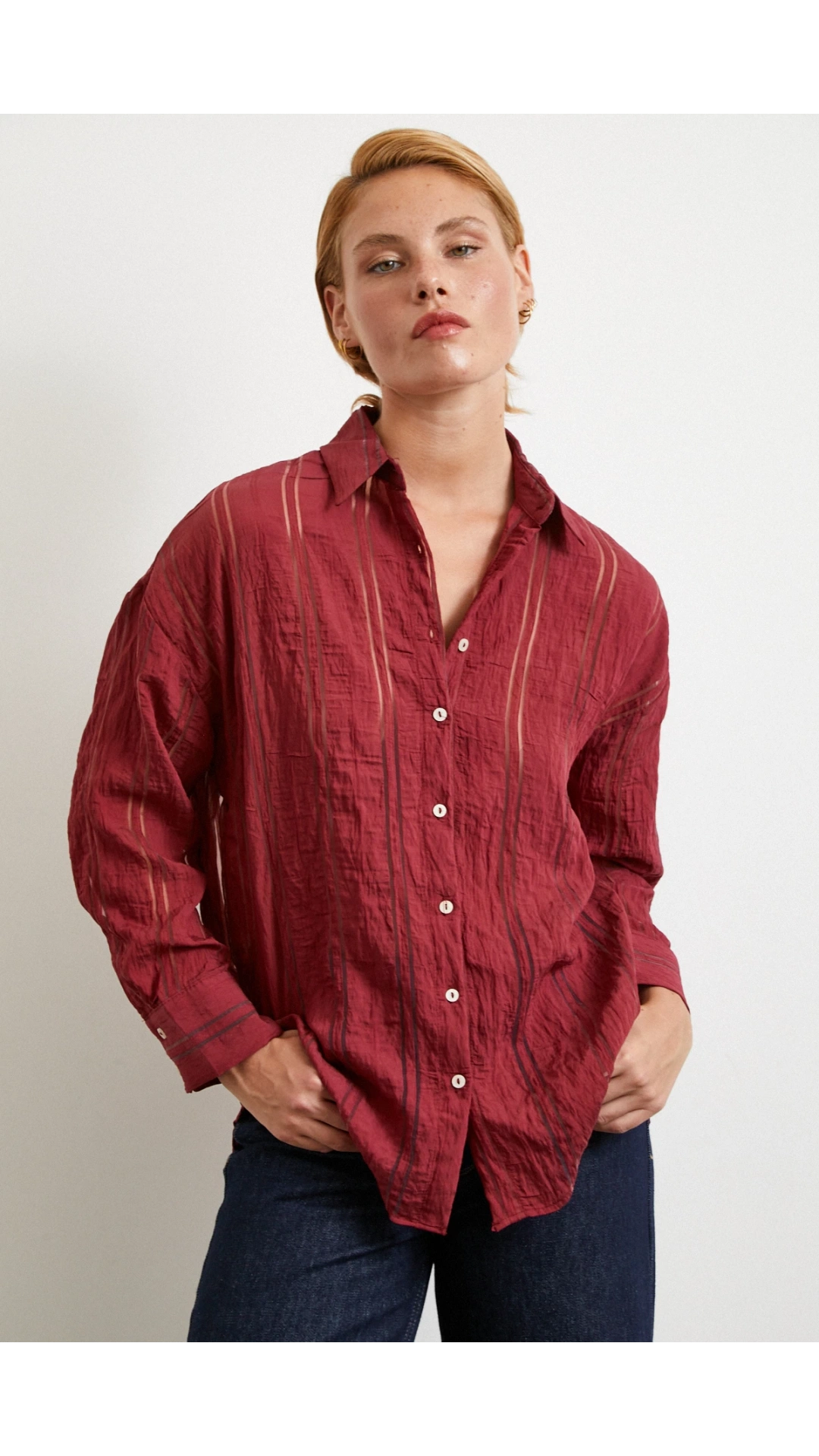 Organze Çizgili Gömlek Bordo