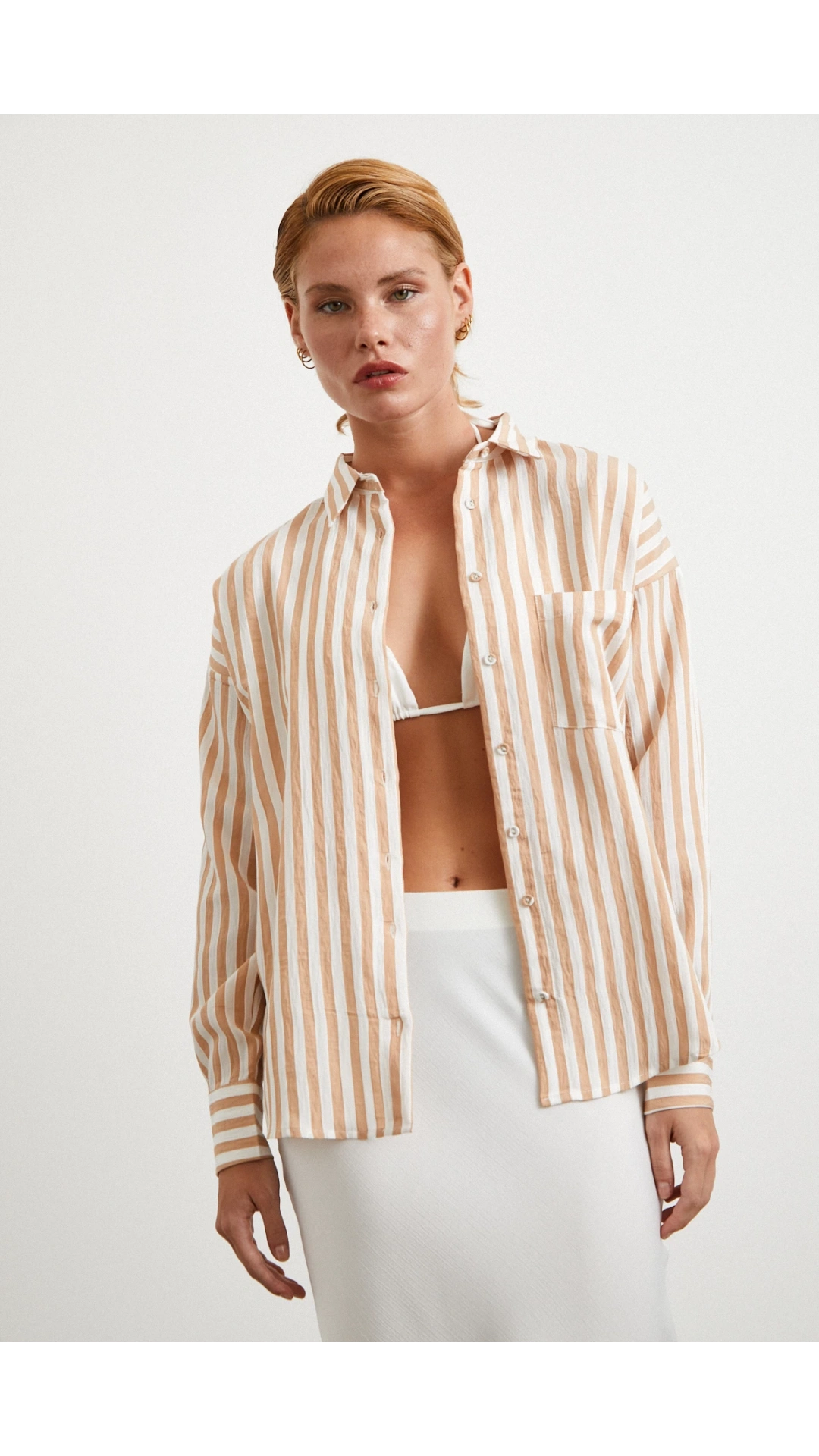 Multi Çizgili Cepli Gömlek Camel