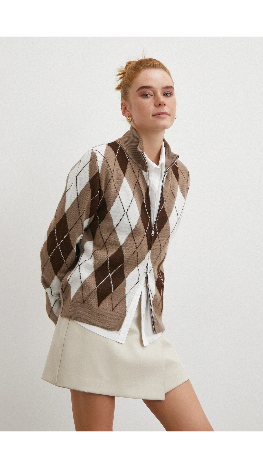 Fermuarlı Baklava Desen Kazak Kahve