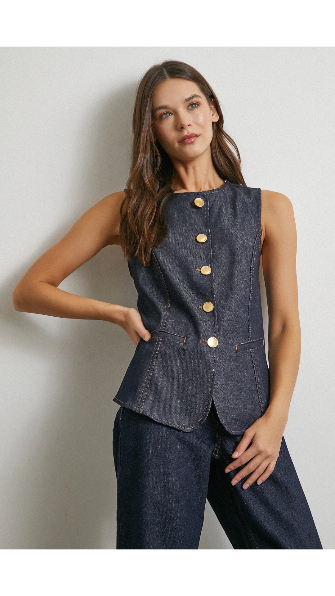 Bisiklet Yaka Metal Düğmeli Denim Yelek Lacivert