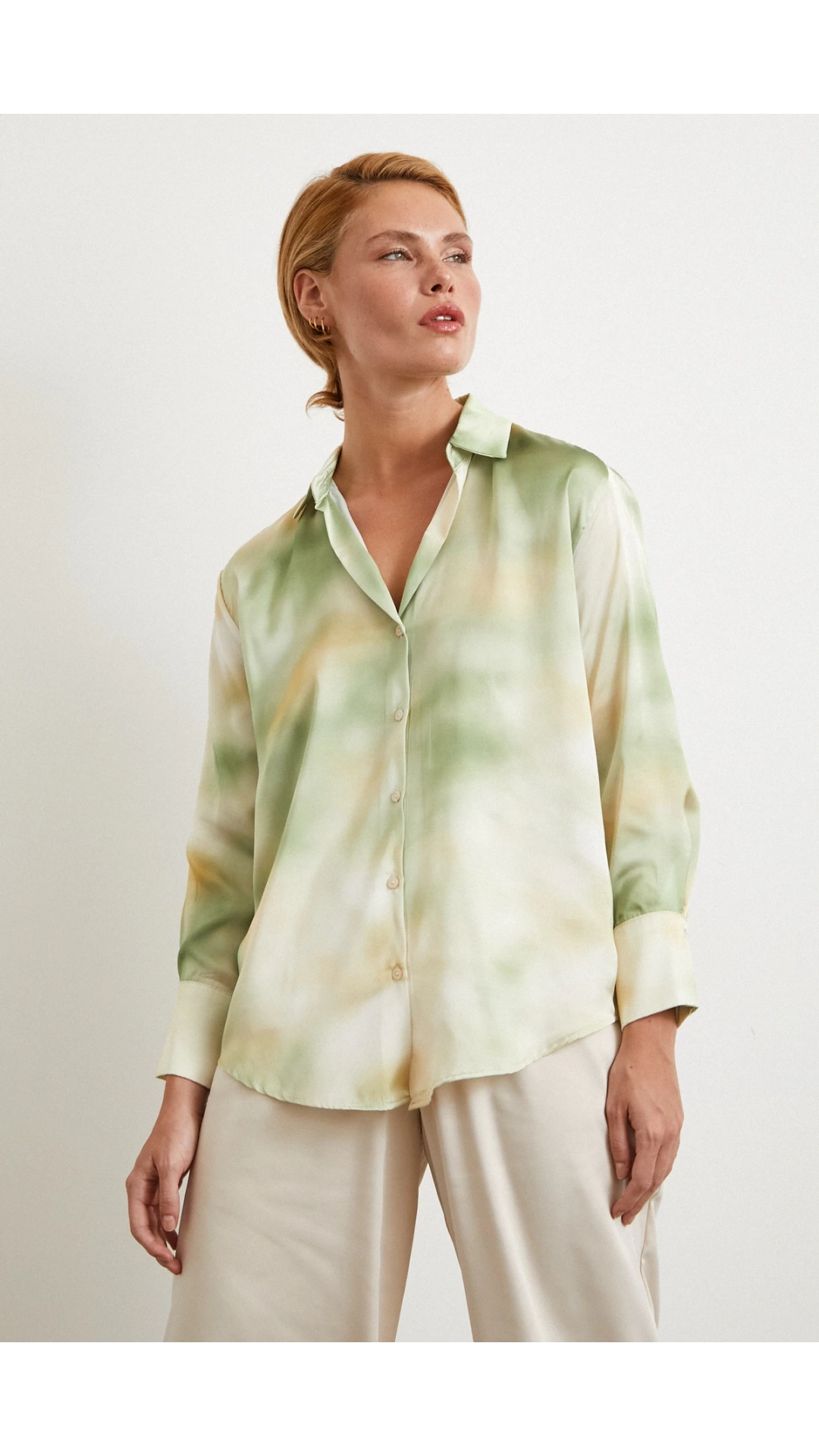 Ebruli Desen Saten GömleK Yeşil