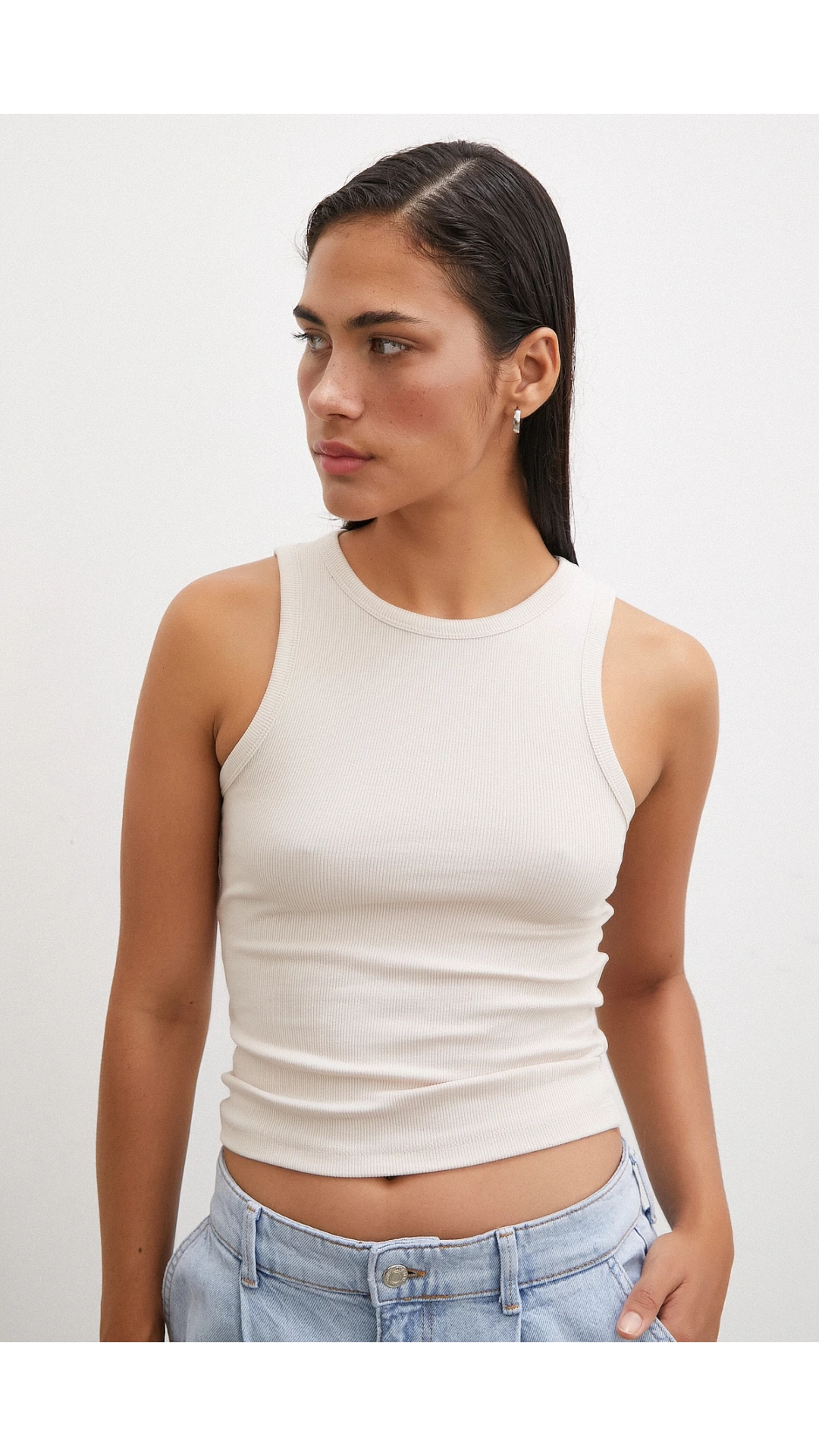 Bisiklet Yaka Top Bej