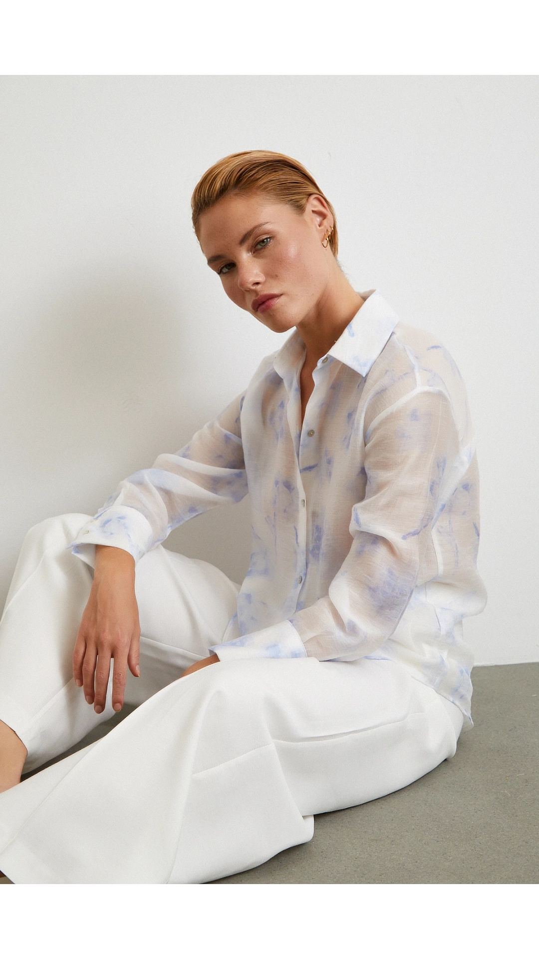 Organze Desenli Tül Gömlek Mavi