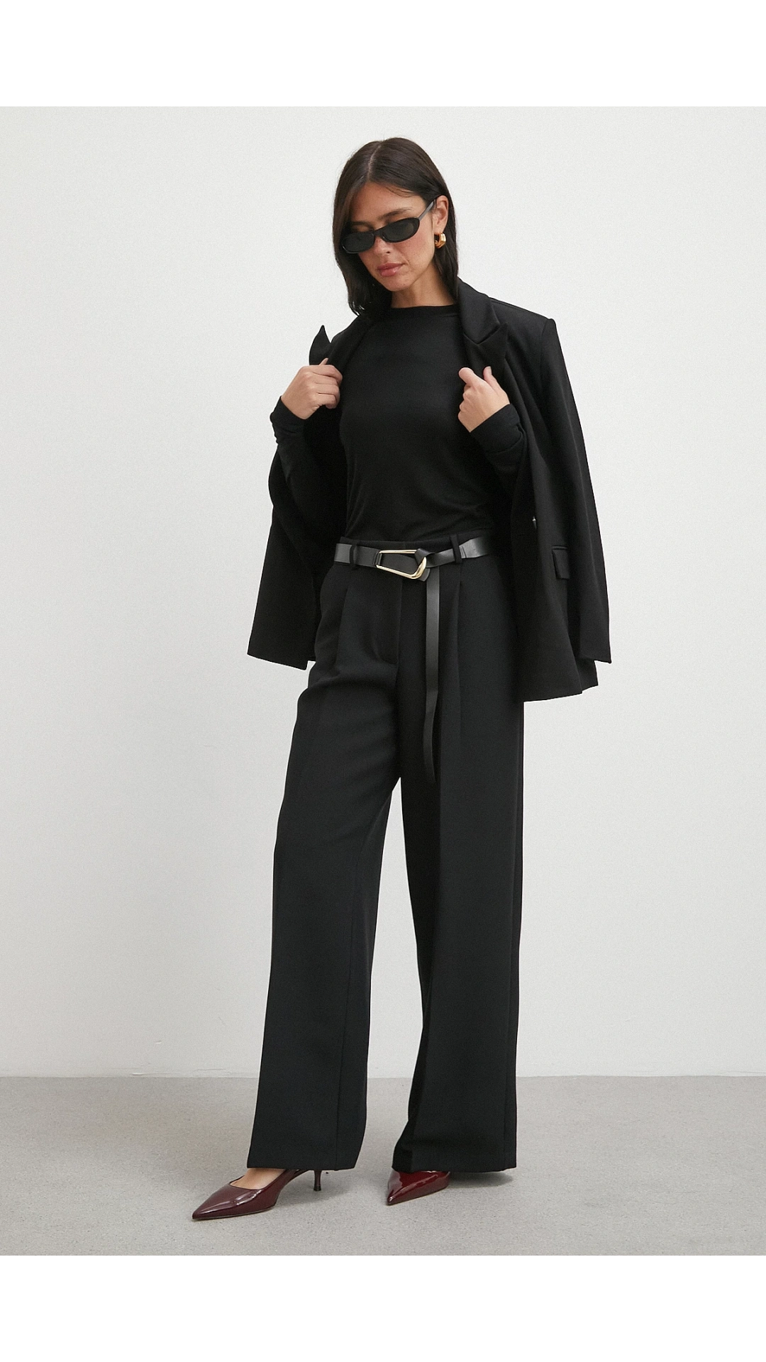 Deri Kemerli Geniş Paça Pantolon Siyah