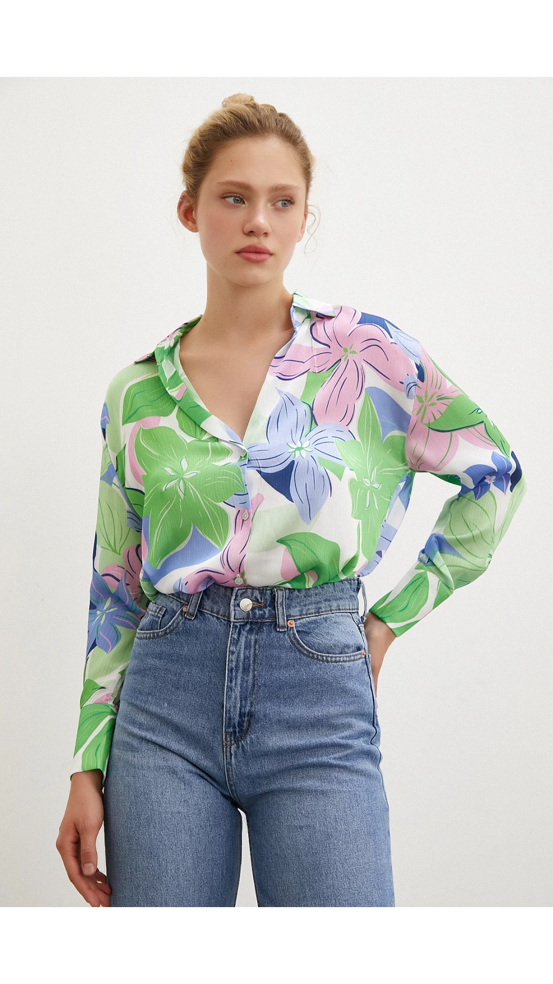 Çiçek Desen Saten Gömlek Yeşil