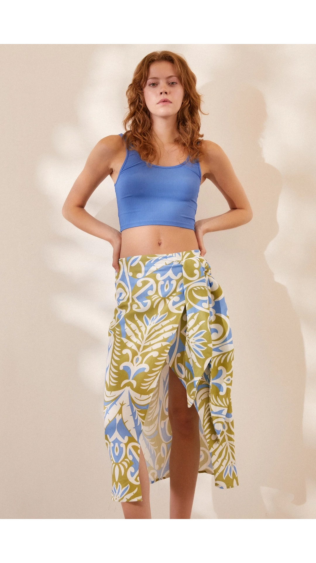 Yırtmaçlı Desen Etek Mavi