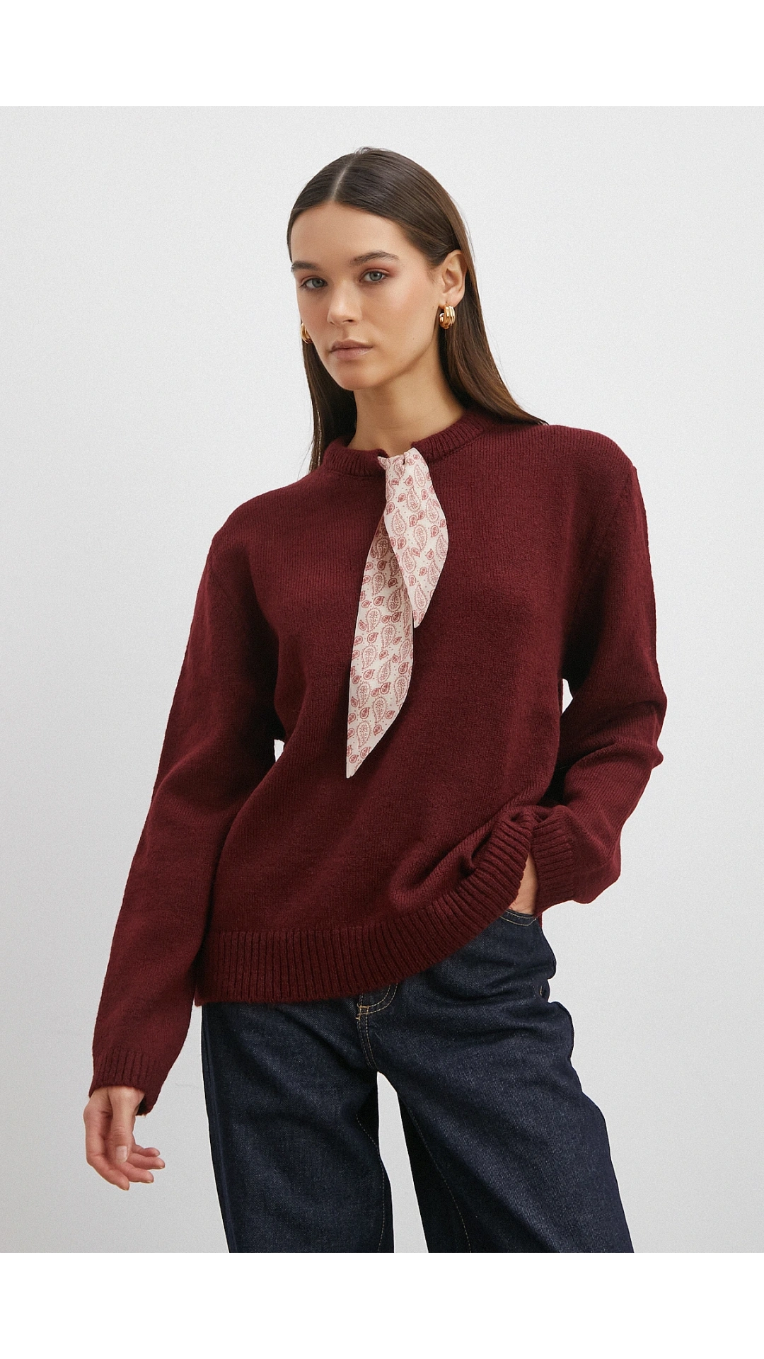 Fularlı Uzun Kollu Kazak Bordo