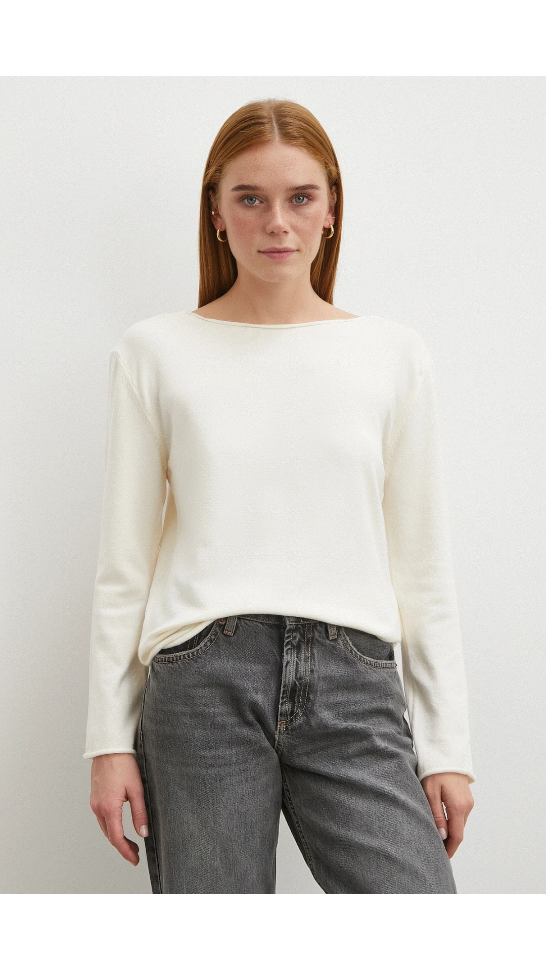 Kayık Yaka Uzun Kol Kazak Ekru