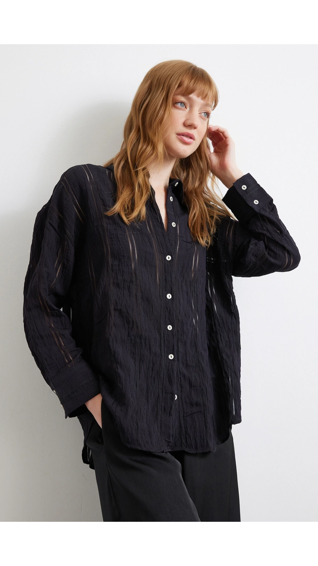 Organze Çizgili Gömlek Siyah