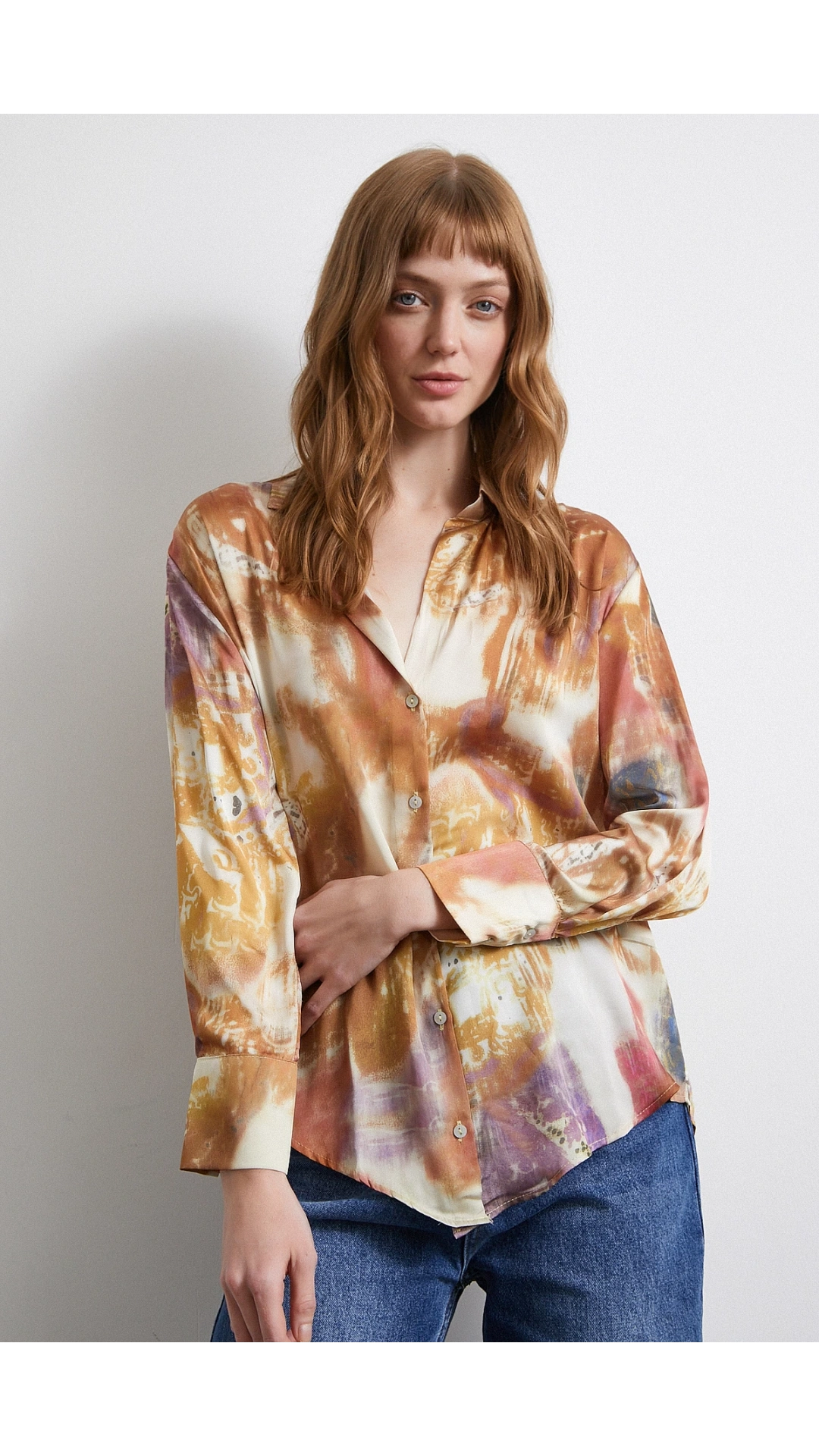 Desenli Saten Gömlek Lila