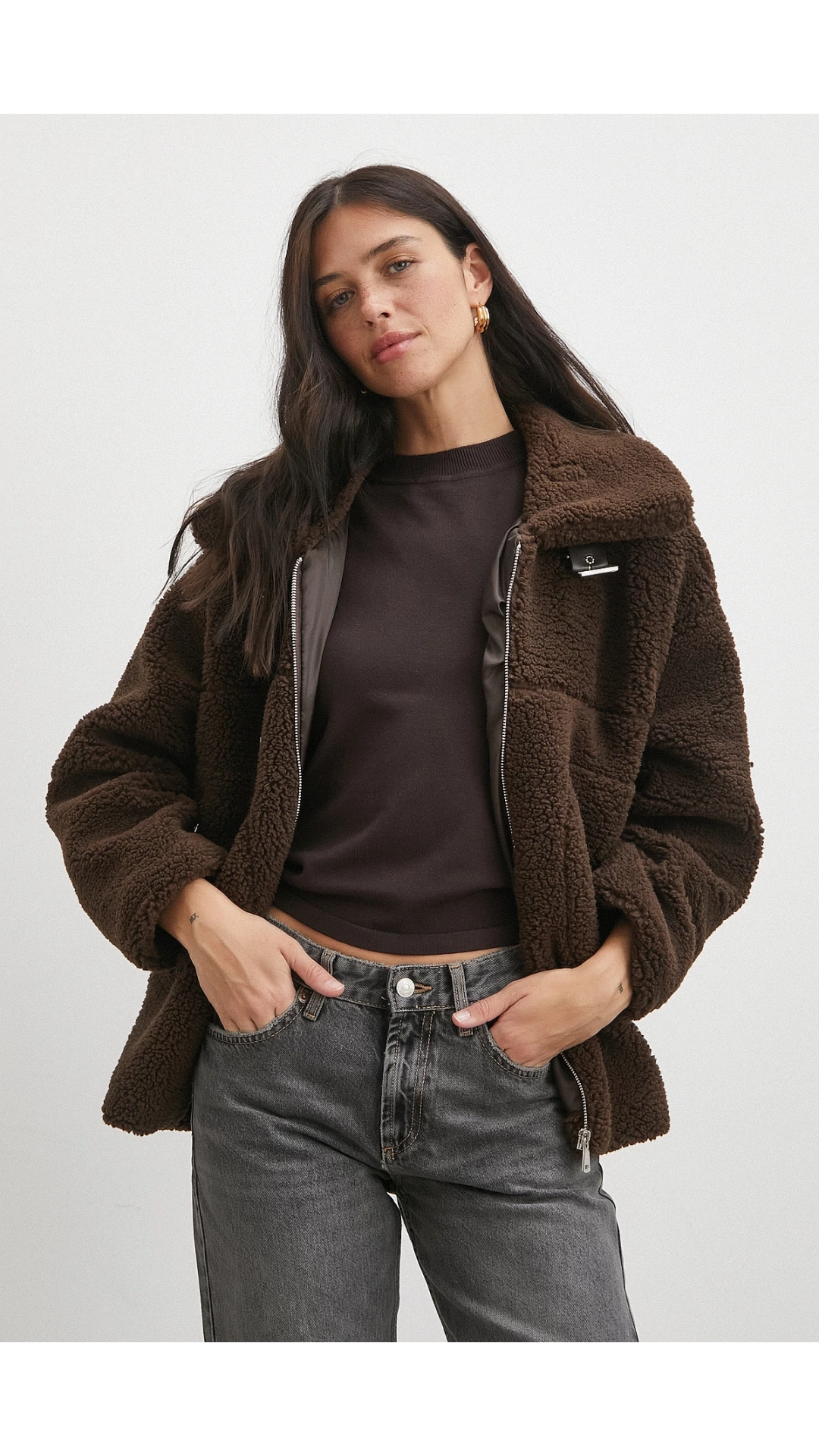 Yaka Detaylı Peluş Mont Kahve