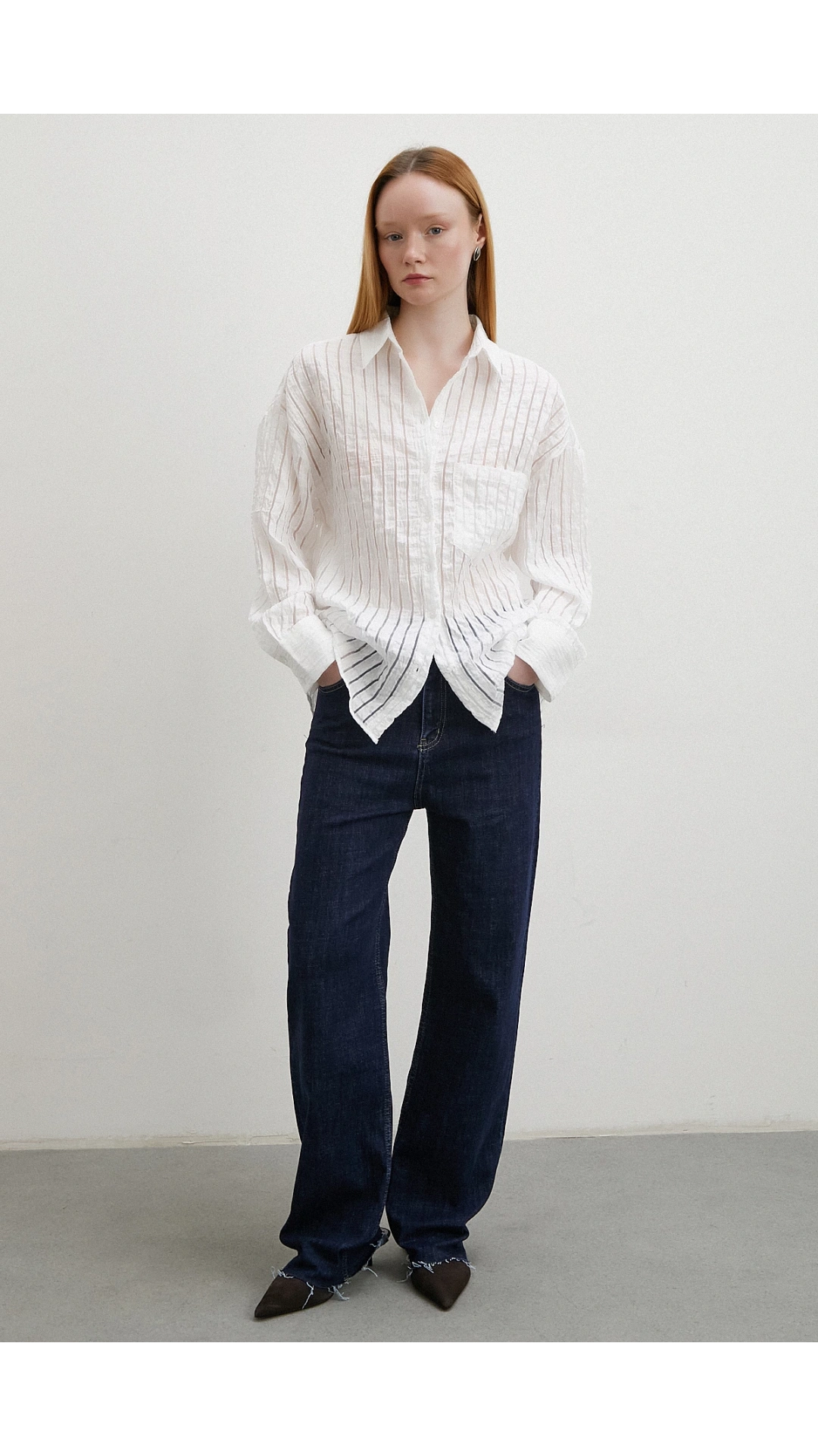 Transparan Çizgili Gömlek Beyaz