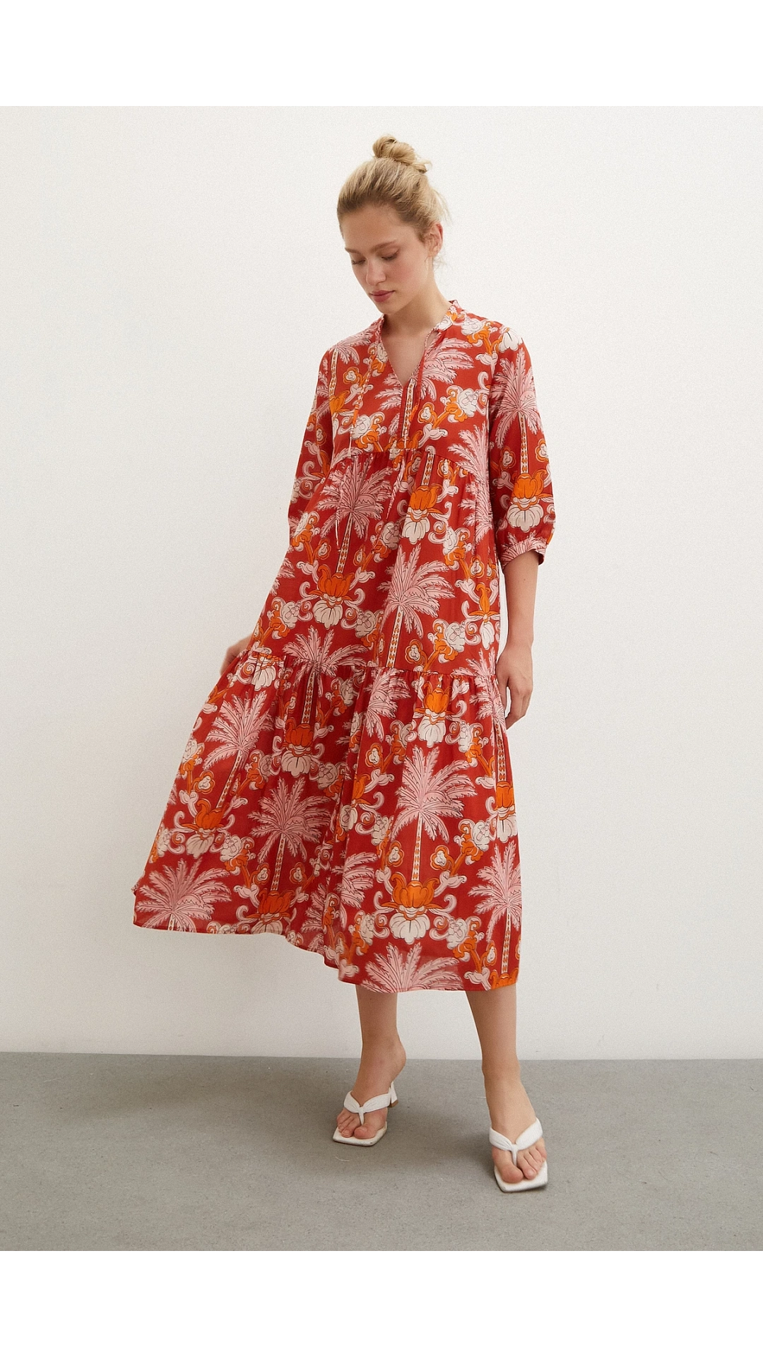 Hakim Yaka Desenli Maxi Elbise Oranj