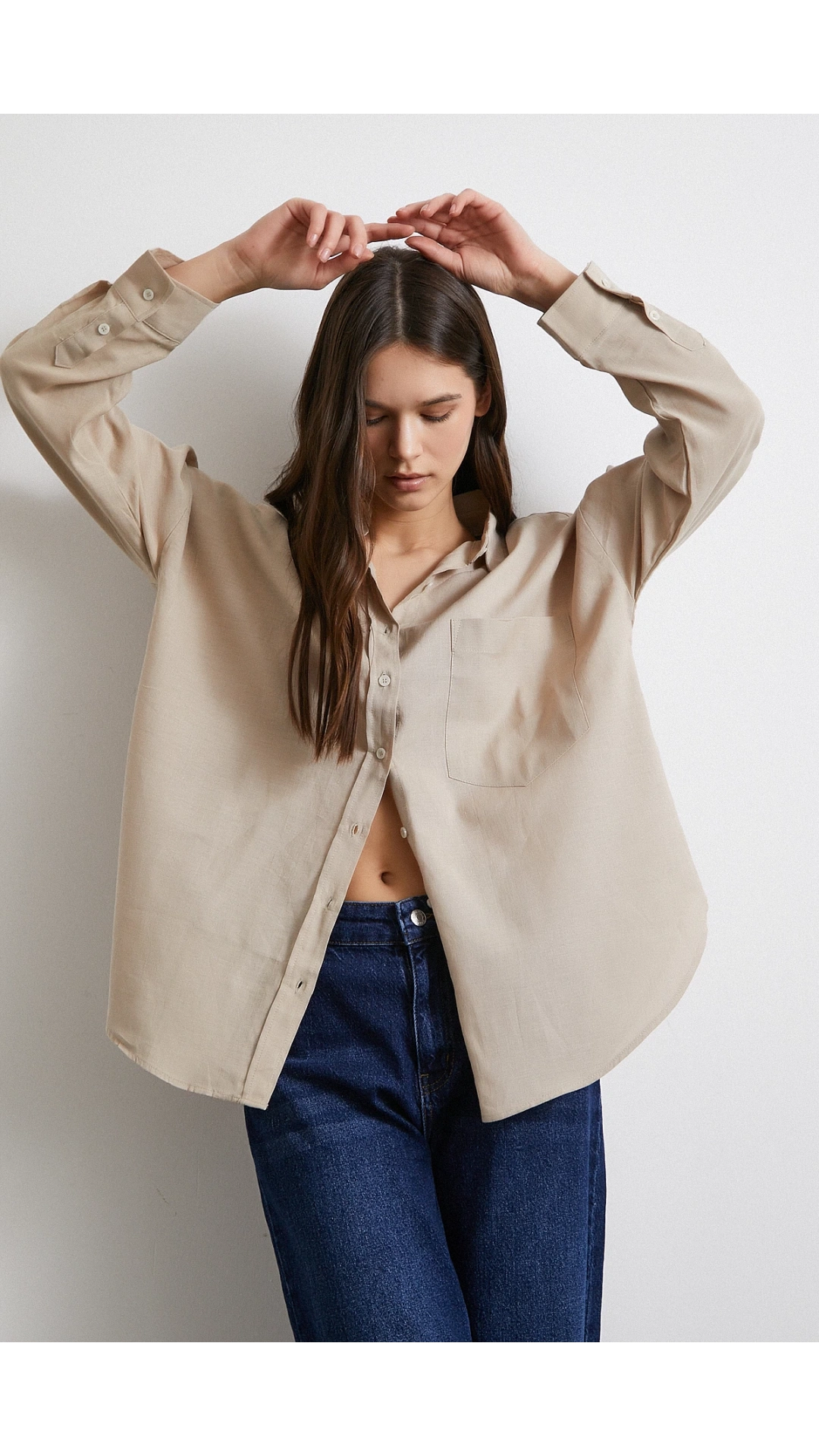 Cepli Oversize Keten  Gömlek Bej