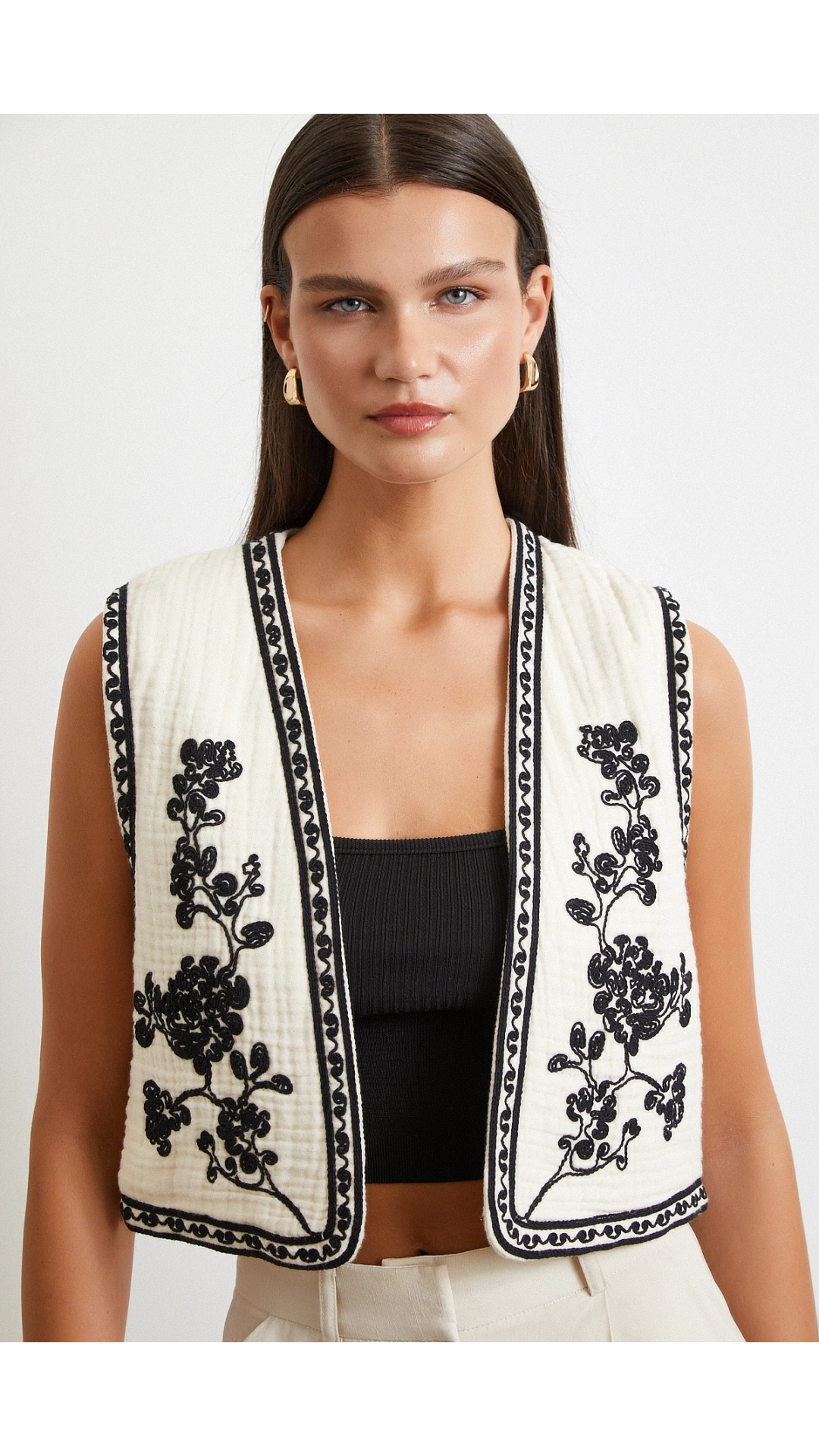 Nakış Oversize Yelek Krem