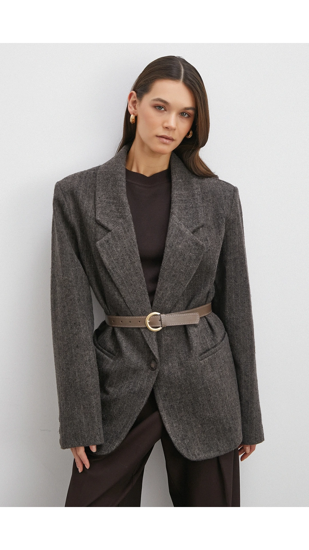 Çizgi Detaylı Kemerli Kaşa Ceket Kahve