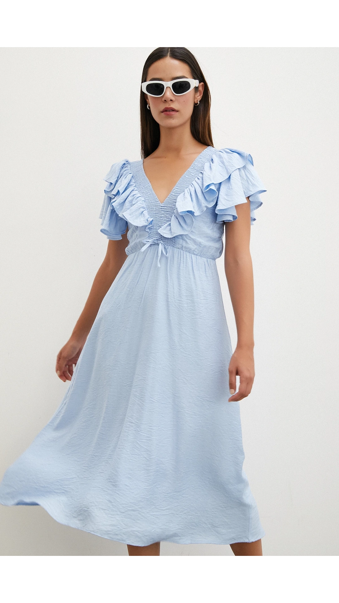 Fırfır Detaylı V Yaka  Gipeli Keten Elbise Mavi