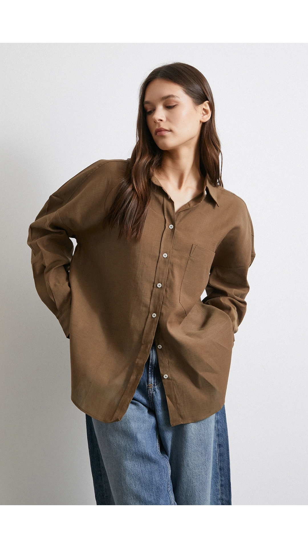 Cepli Oversize Keten  Gömlek Kahve