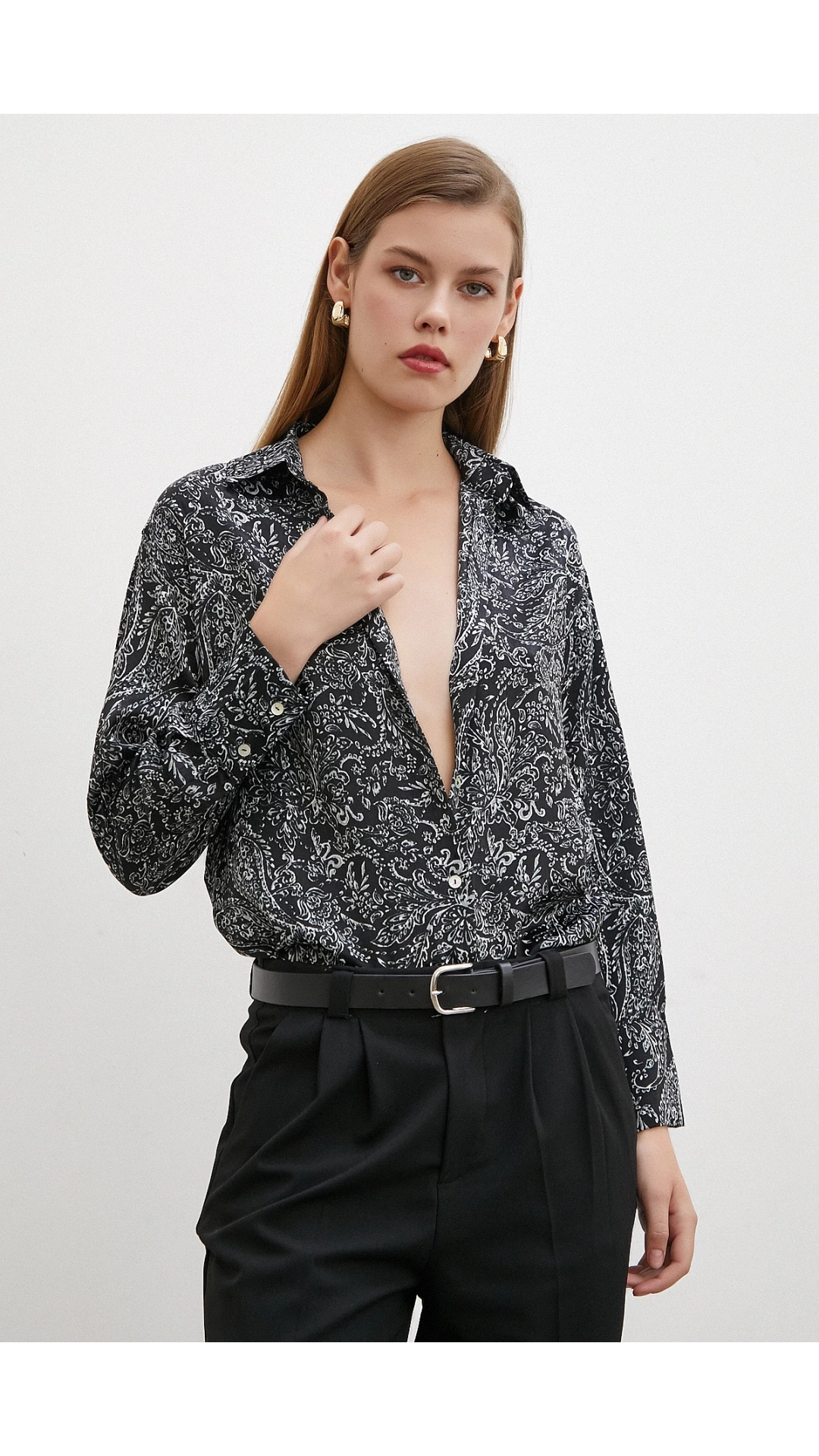 Şal Desenli Saten Gömlek Siyah