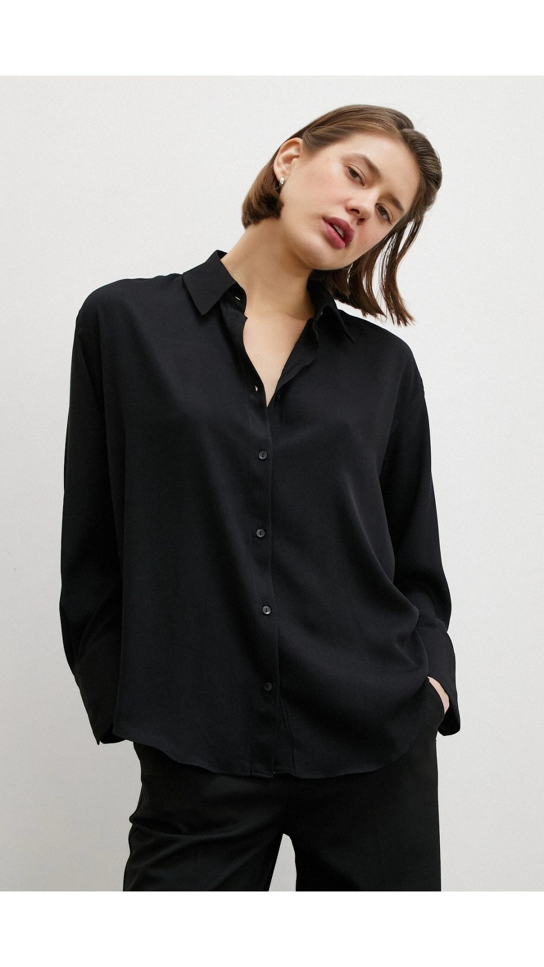 Viskon Saten Gömlek Siyah