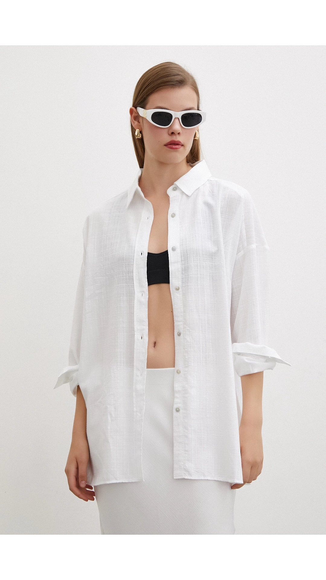 Oversize Keten Gömlek Beyaz