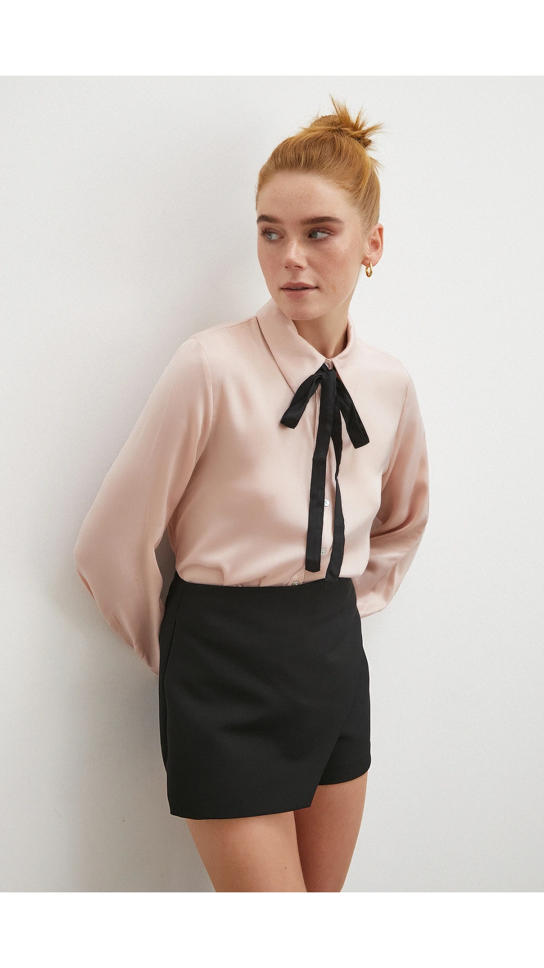 Yaka Bağlamalı Saten Gömlek Pembe