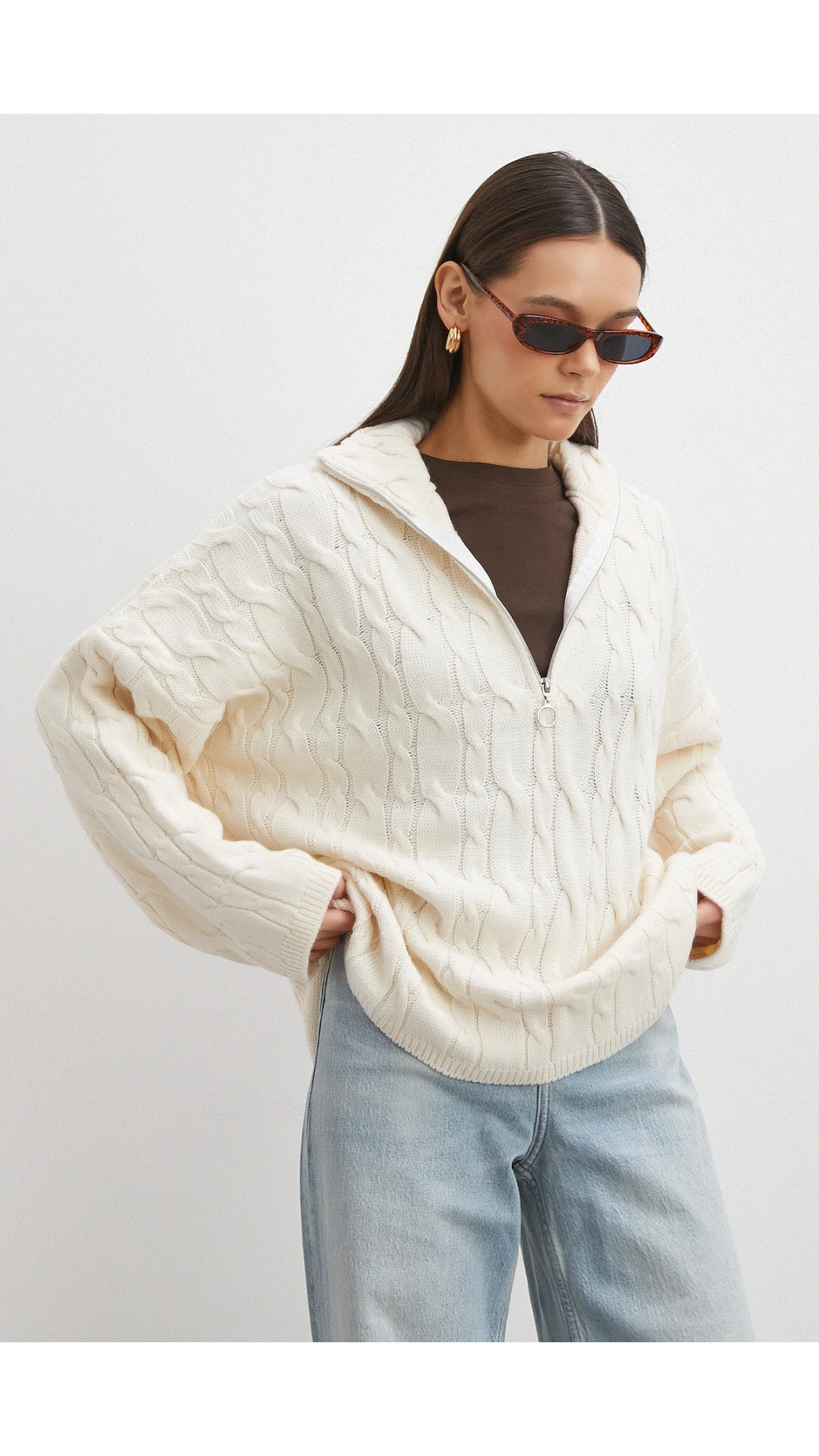 Saç Örgülü Yarım Fermuarlı Kazak Ekru