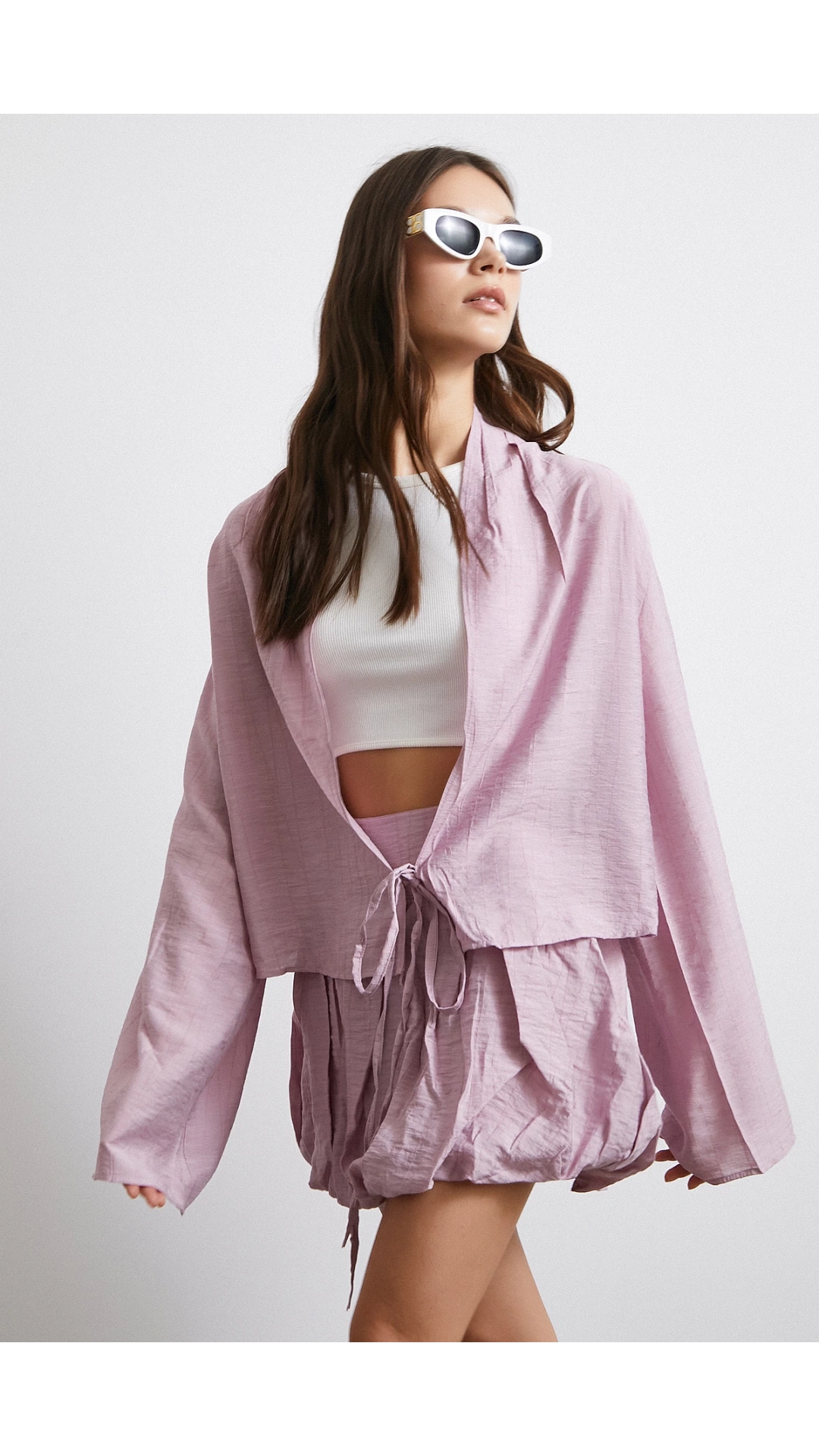 Geniş Kol Önden Bağlamalı Bluz Lila