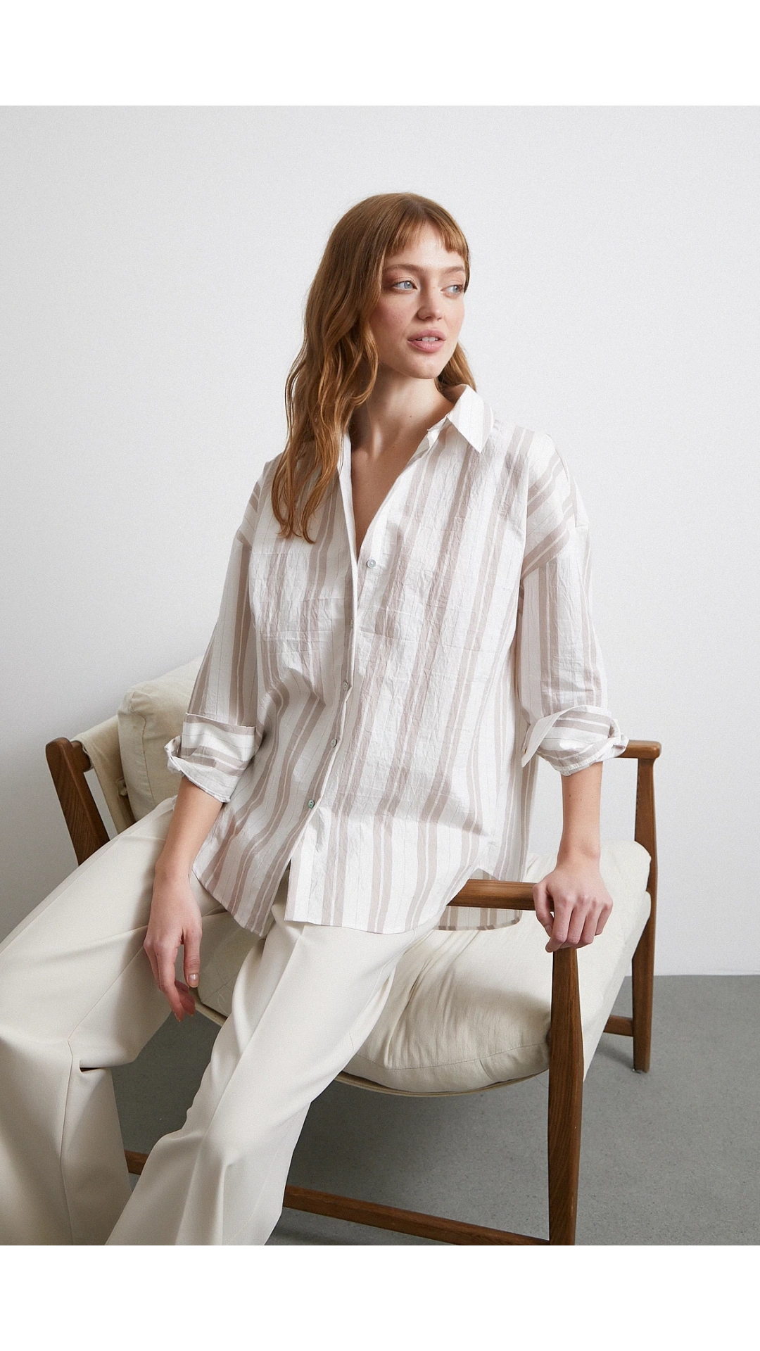 Kahve Çizgili Gömlek Ekru
