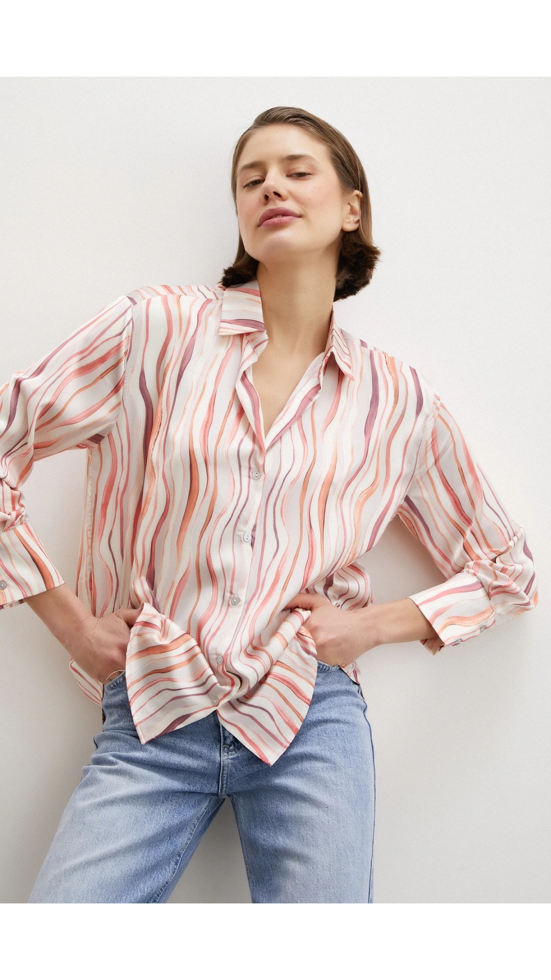 Dalga Çizgili V Yaka Gömlek Oranj