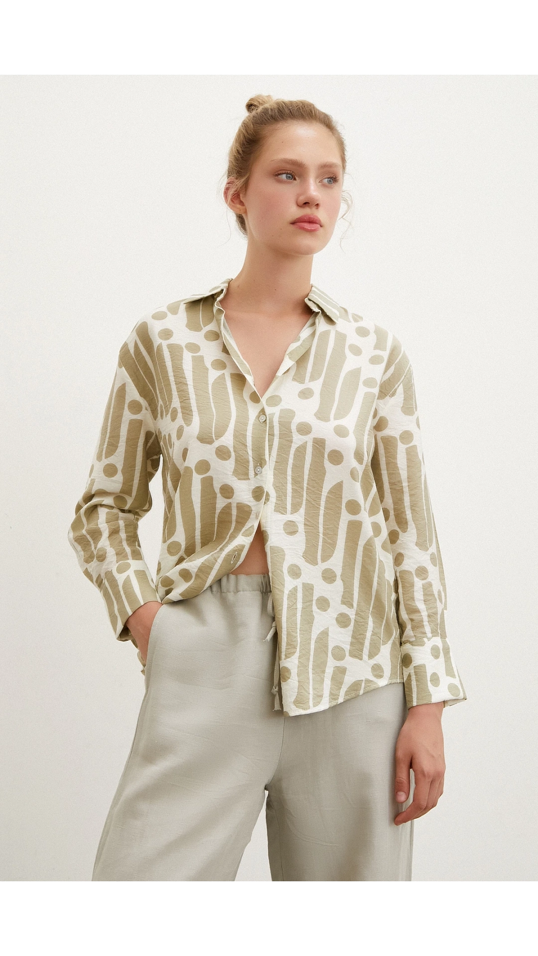 Modern Desen Modal Gömlek Haki