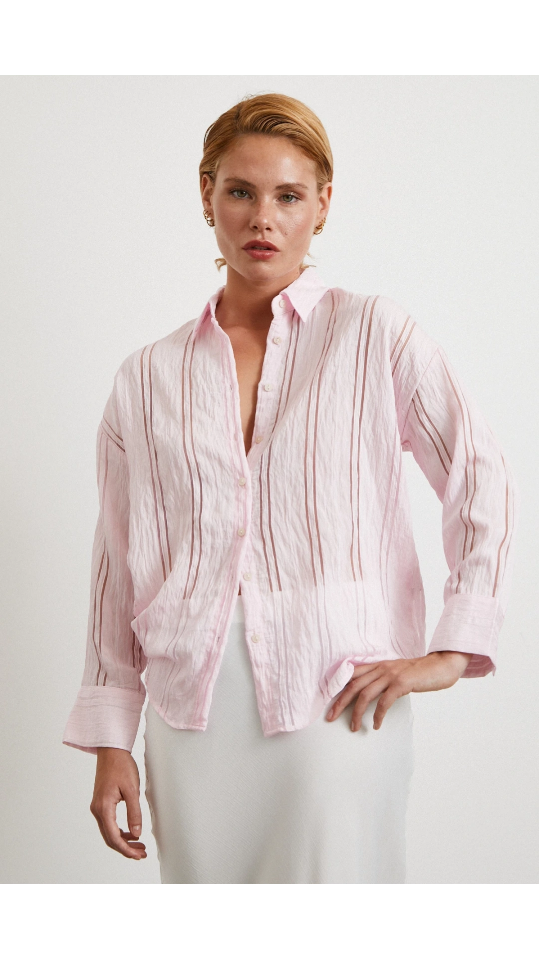 Organze Çizgili Gömlek Pembe