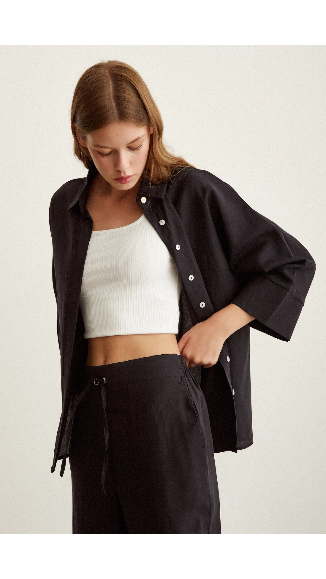 Yarasa Kol Keten Gömlek Siyah