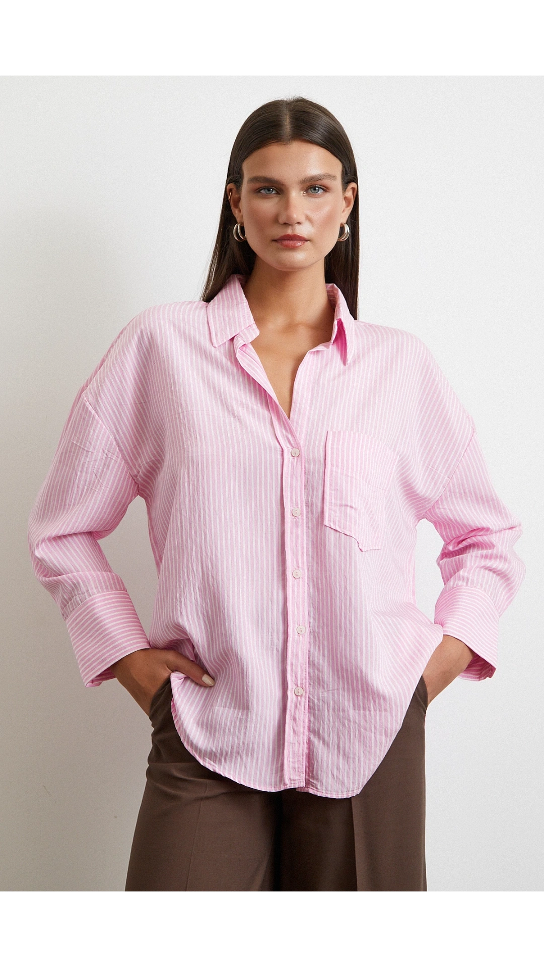 Çizgili Oversize Gömlek Pembe