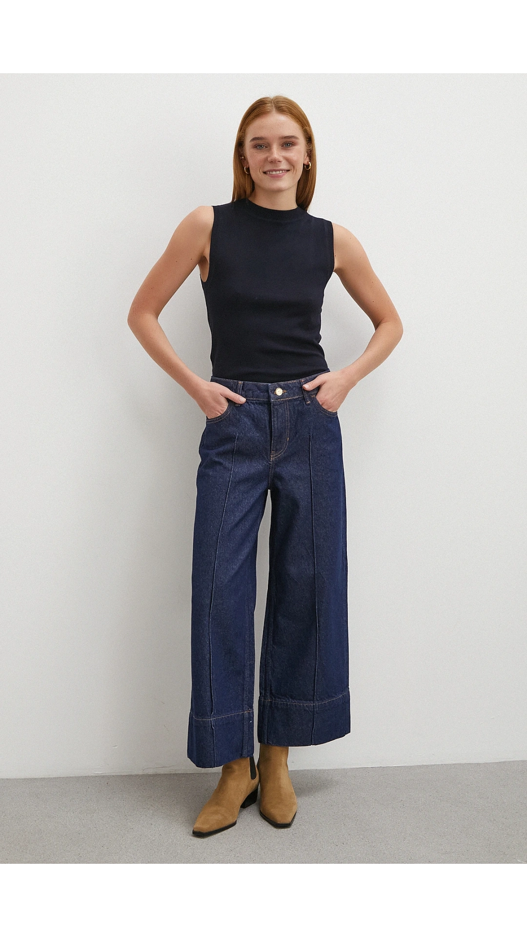 Yüksek Bel Paça Detaylı Jean Lacivert