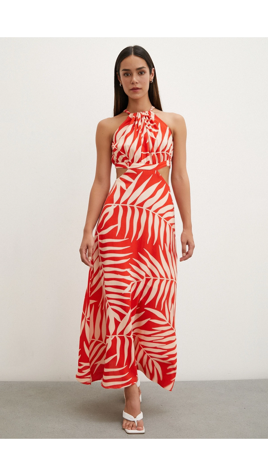 Yanları Dekolteli Askılı Desenli Elbise Kırmızı