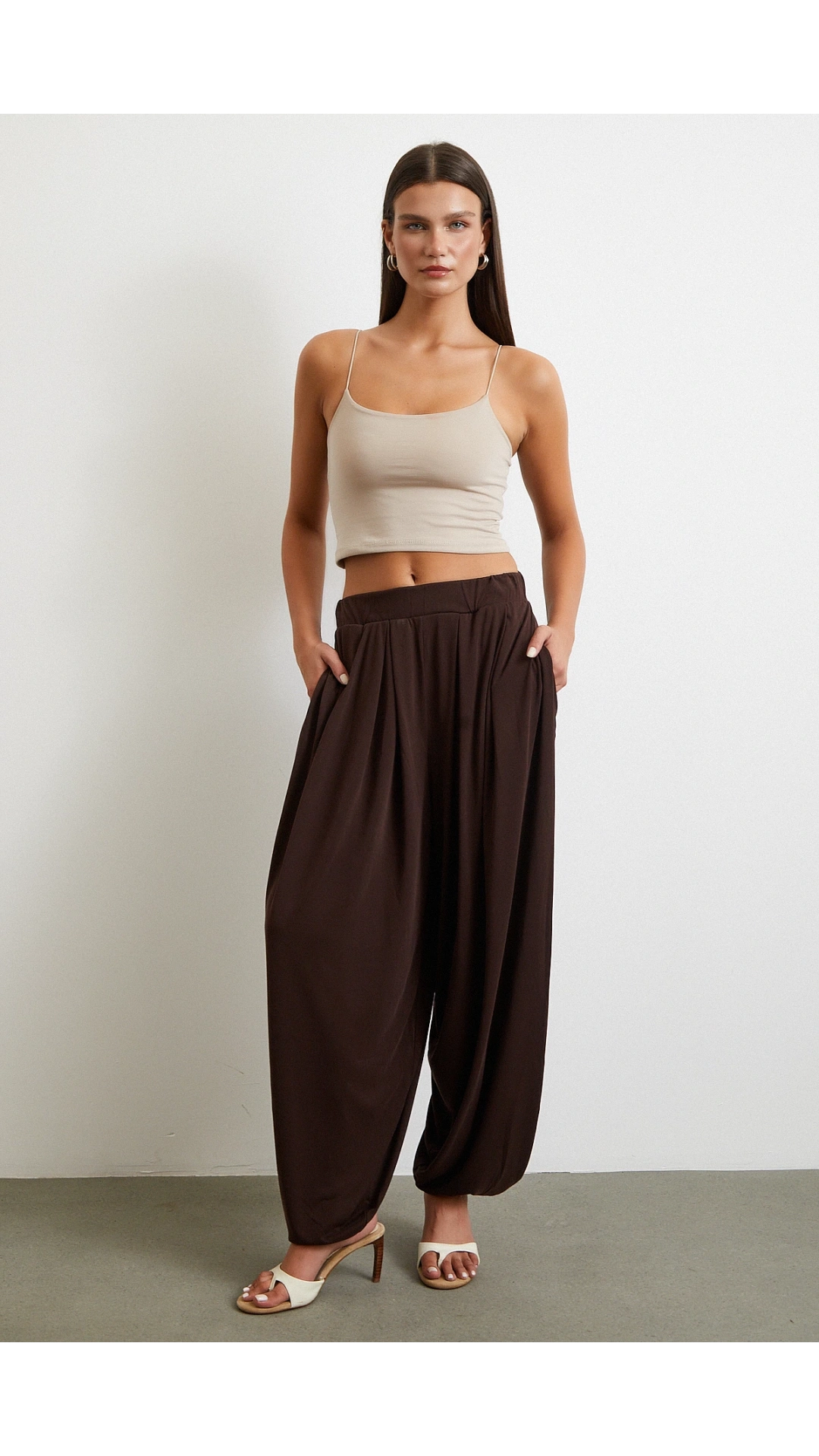 Paça Detaylı Şalvar Pantolon Kahve