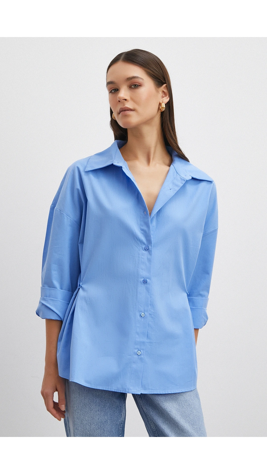 Düğme Detaylı Pamuklu Gömlek Mavi