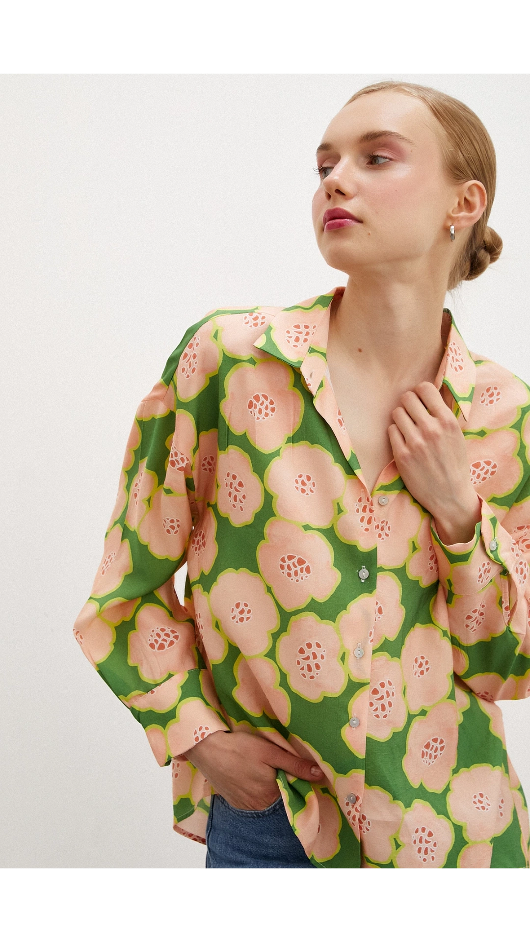 Kontörlü Çiçek Desenli Gömlek Haki